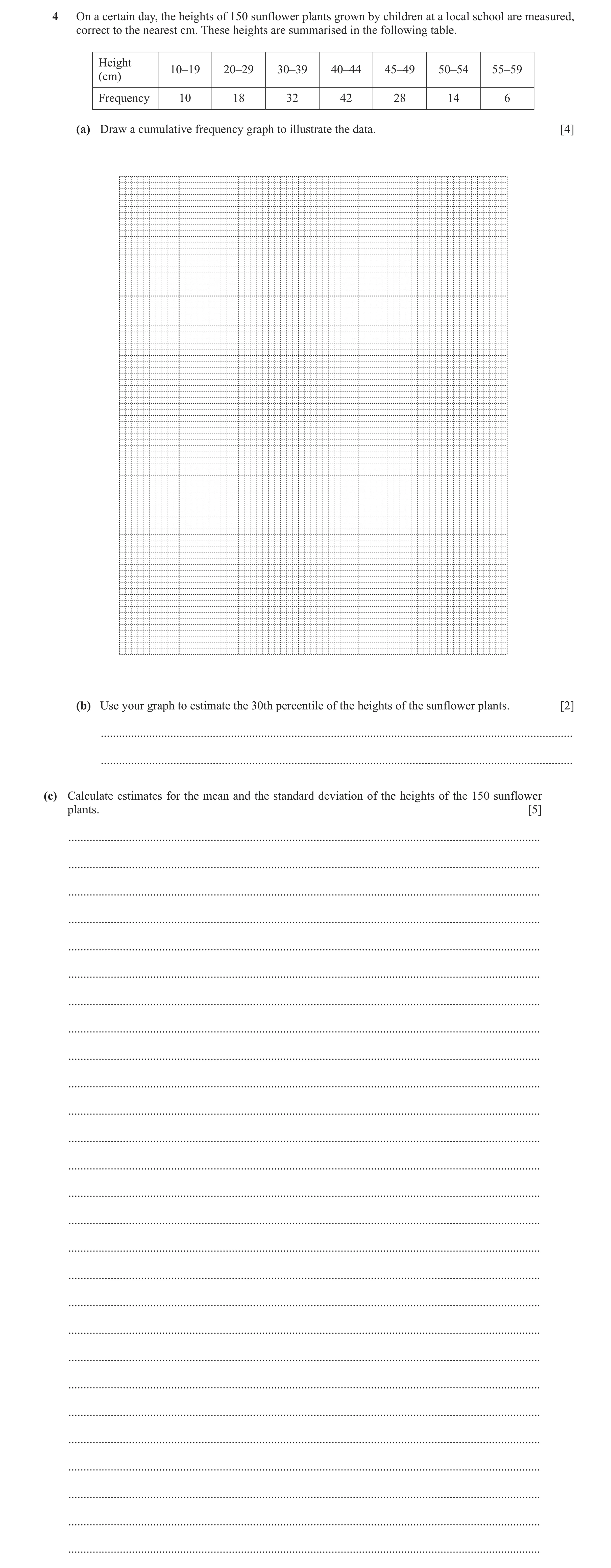 Question 41: On a certain day, the heights of 150 sunflower plants grown by children at a local school are measured, correct to the nearest cm. These he…