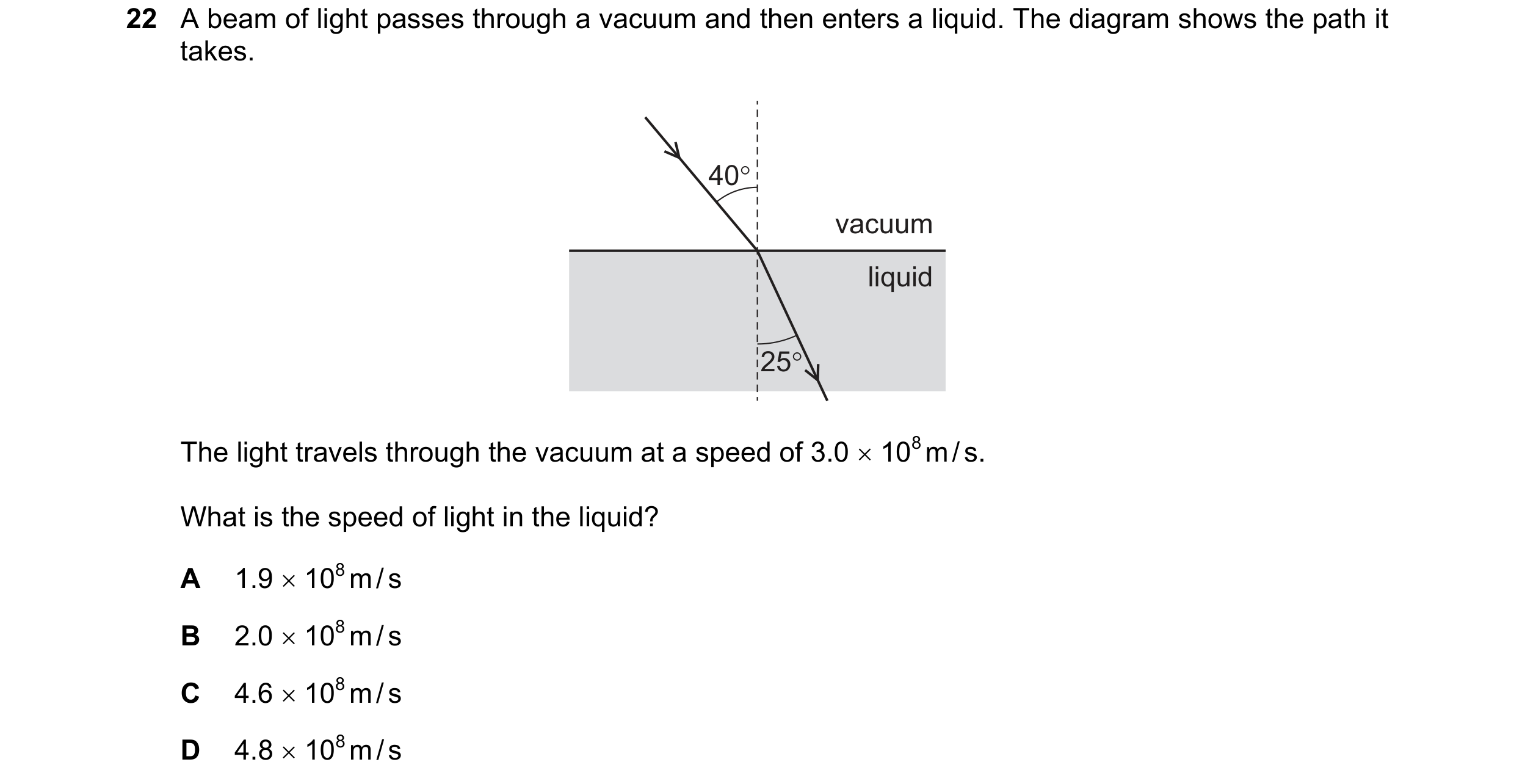 Question 45: A beam of light passes through a vacuum and then enters a liquid. The diagram shows the path it takes. 40° vacuum liquid 25° The light trav…