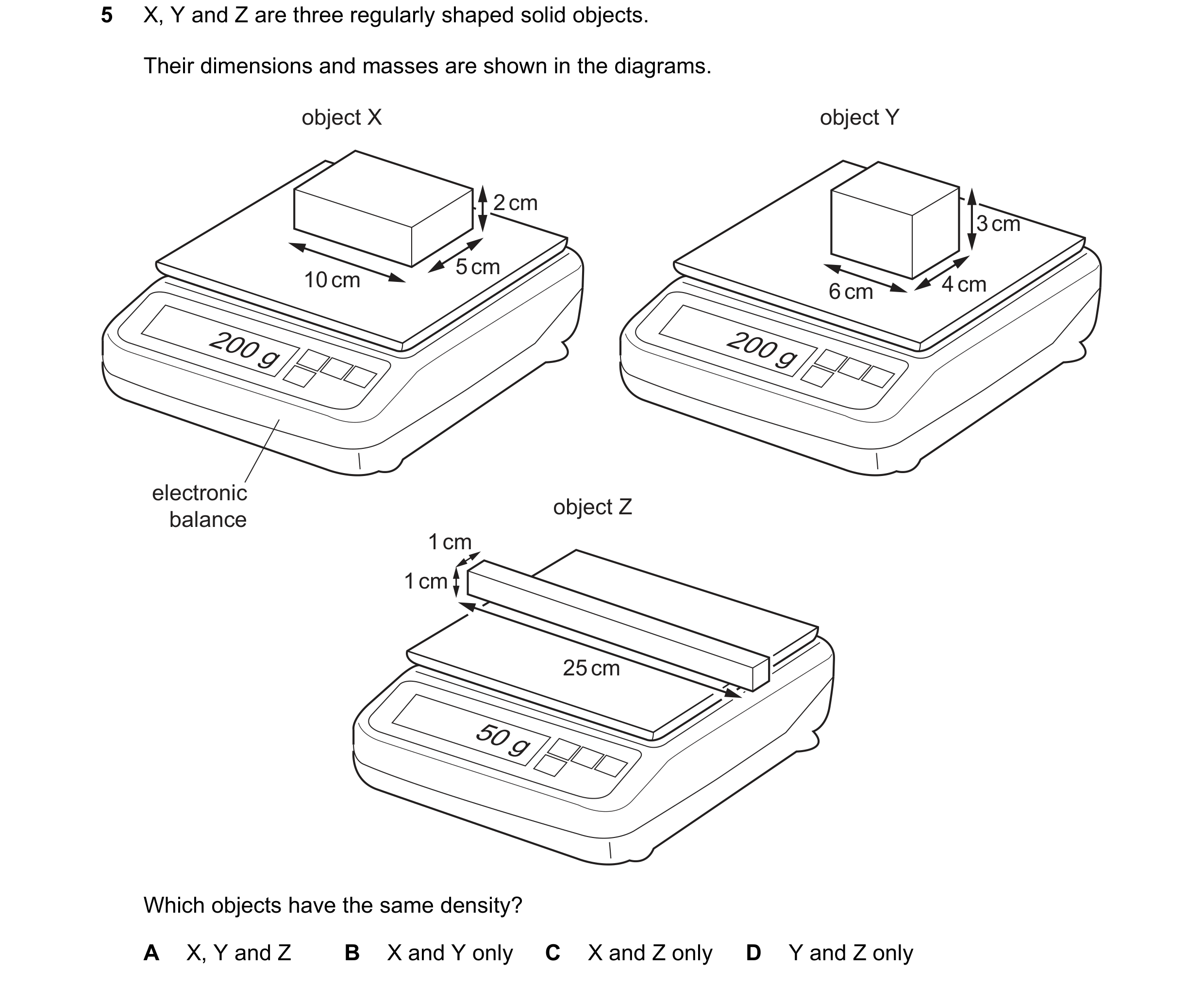 Question 27: X, Y and Z are three regularly shaped solid objects. Their dimensions and masses are shown in the diagrams. object X object Y 2 cm 3 cm 5 c…