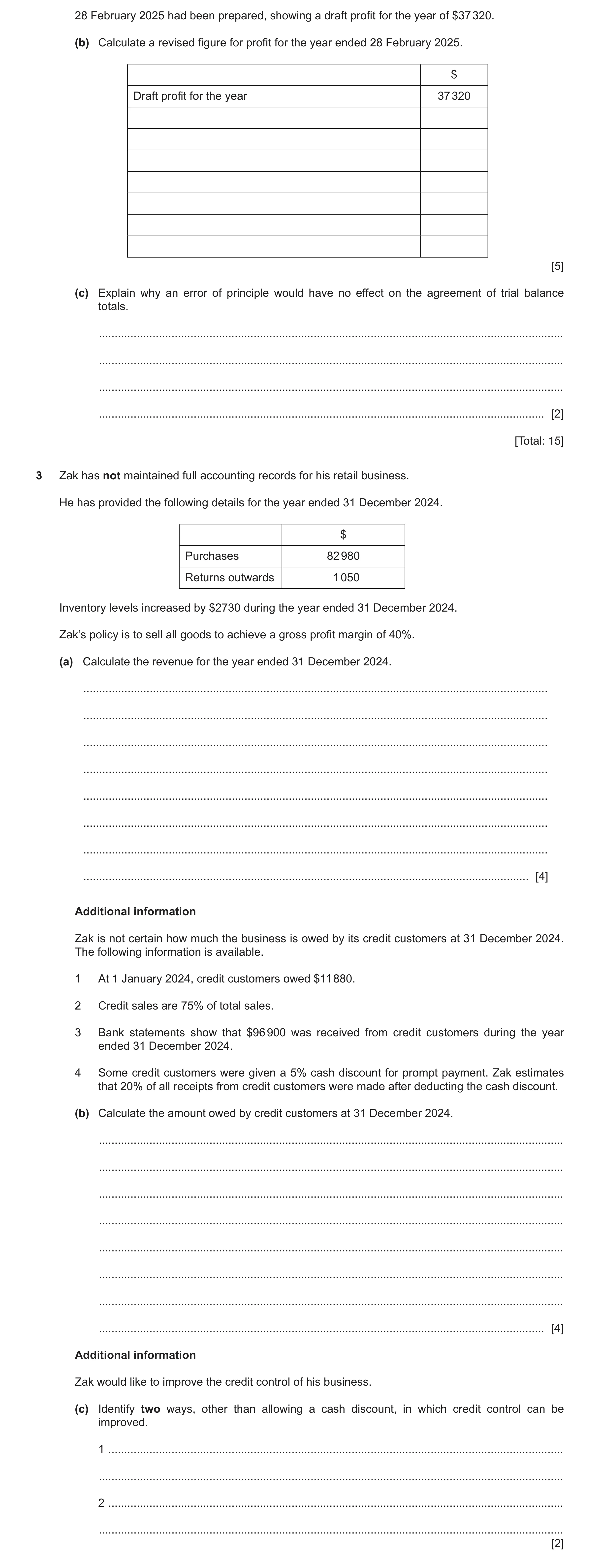 Question 53: February 2025 had been prepared, showing a draft profit for the year of $37 320. (b) Calculate a revised figure for profit for the year end…