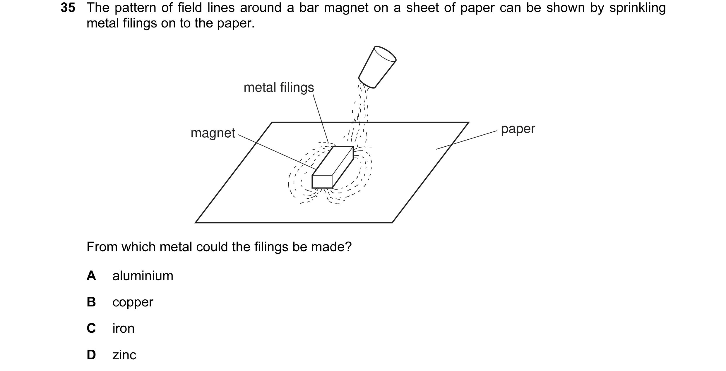 Question 7: The pattern of field lines around a bar magnet on a sheet of paper can be shown by sprinkling metal filings on to the paper. metal filings …