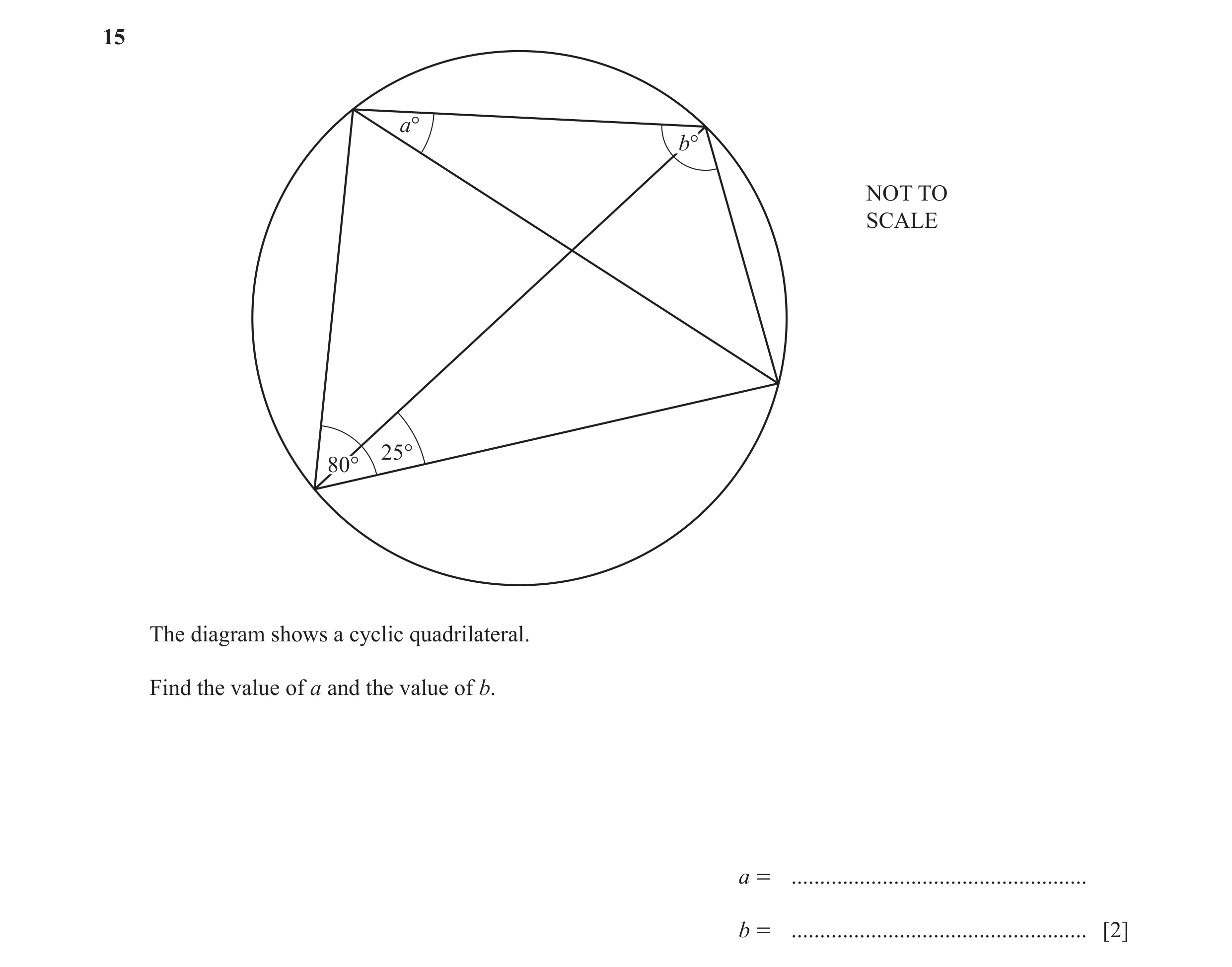 Question 8: a° b° NOT TO SCALE 25° 80° The diagram shows a cyclic quadrilateral. Find the value of a and the value of b. a = ..........................…