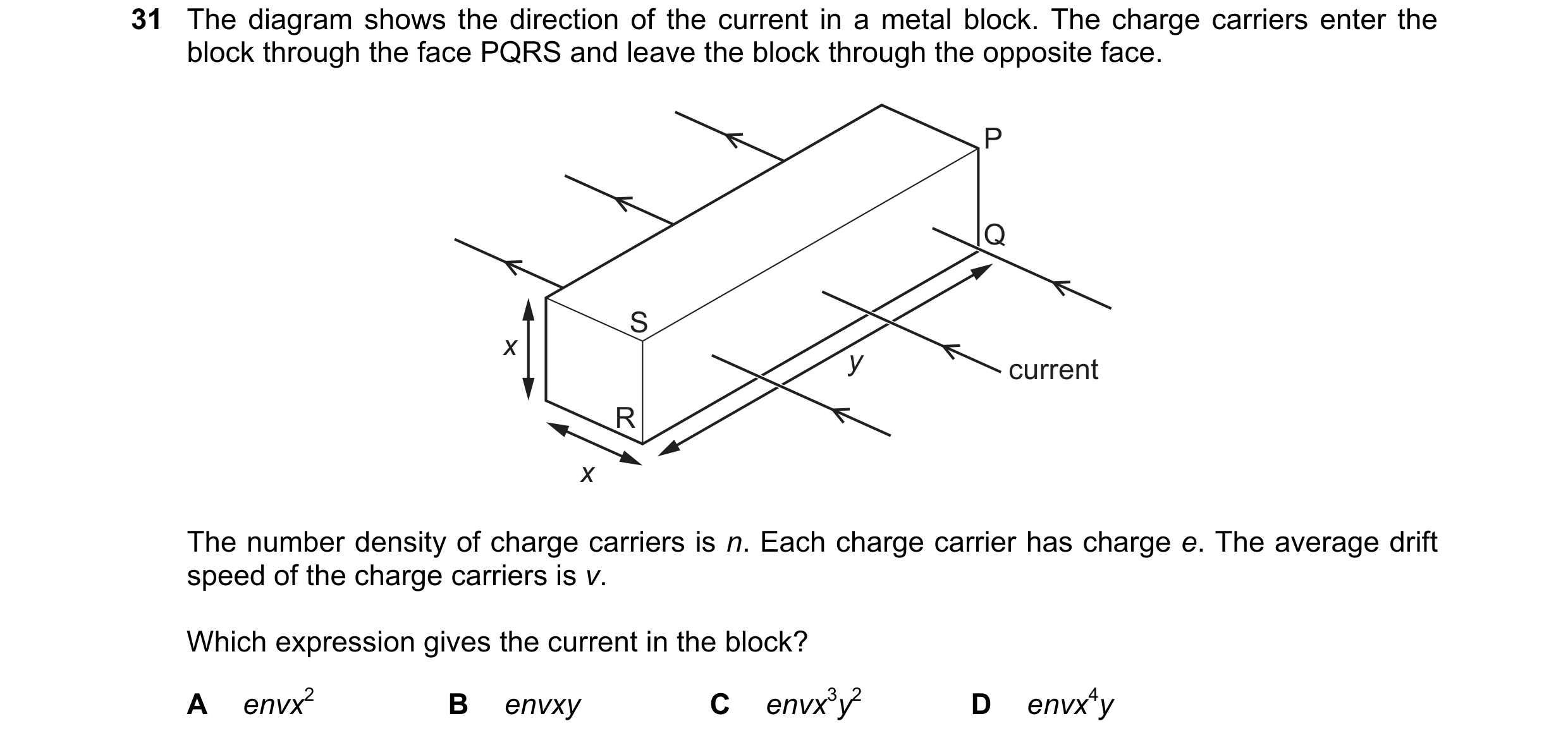 Question 57: The diagram shows the direction of the current in a metal block. The charge carriers enter the block through the face PQRS and leave the bl…