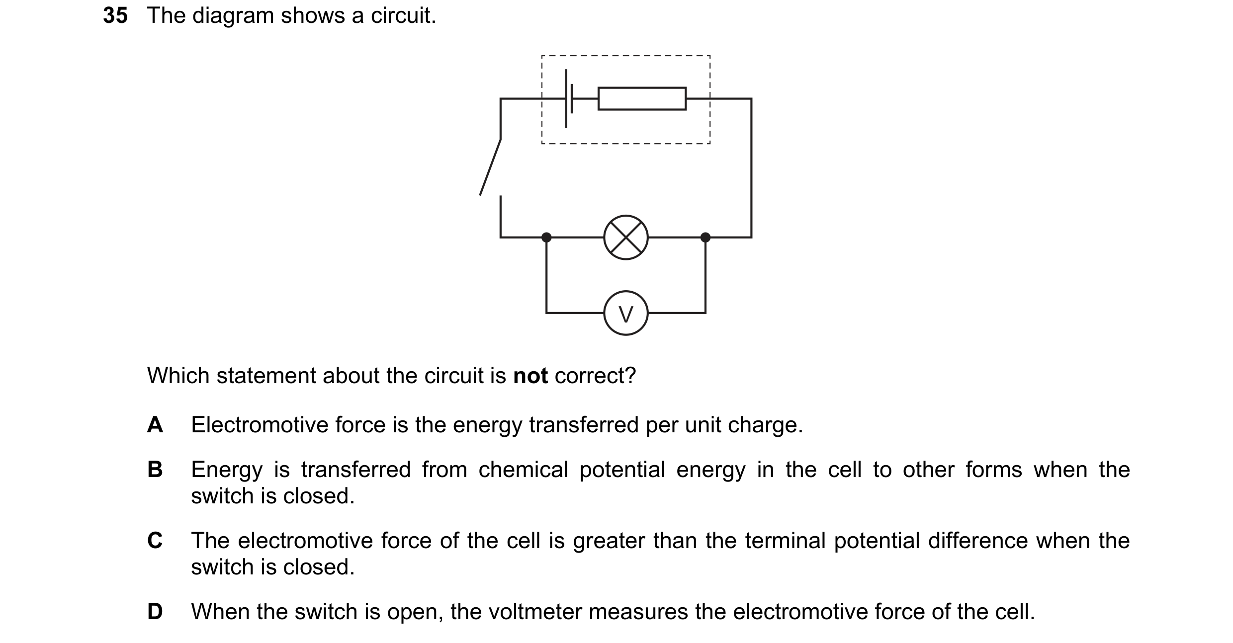 Question 150: The diagram shows a circuit. V Which statement about the circuit is not correct? A Electromotive force is the energy transferred per unit c…