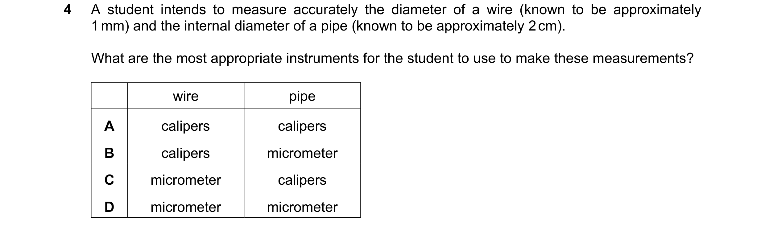 Question 105: A student intends to measure accurately the diameter of a wire (known to be approximately 1 mm) and the internal diameter of a pipe (known …