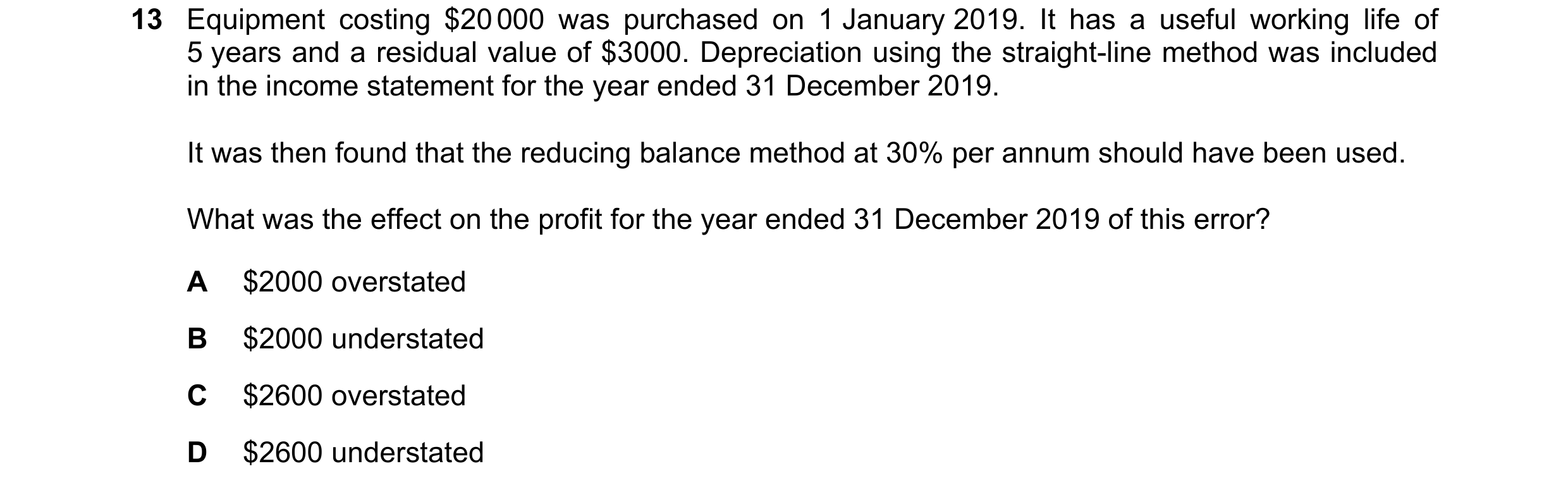 Question 3: Equipment costing $20 000 was purchased on 1 January 2019. It has a useful working life of 5 years and a residual value of $3000. Depreciat…