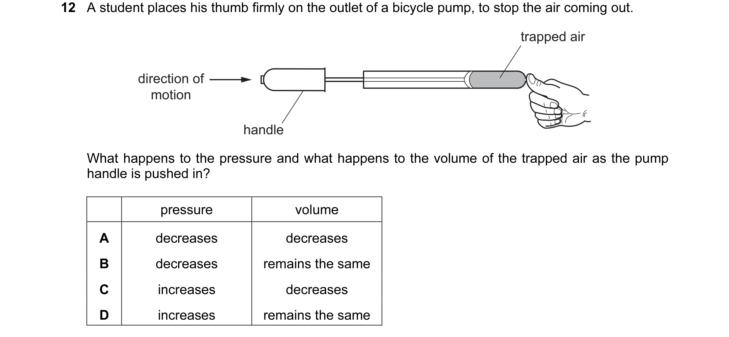 Question 73: A student places his thumb firmly on the outlet of a bicycle pump, to stop the air coming out. trapped air direction of motion handle What …