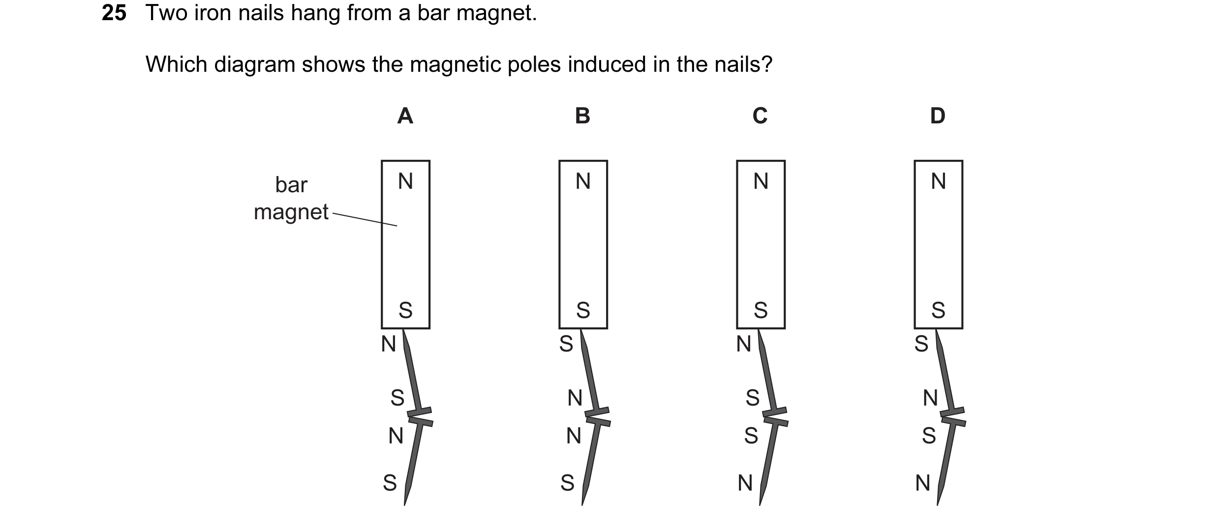 Question 63: Two iron nails hang from a bar magnet. Which diagram shows the magnetic poles induced in the nails? A B C D bar N N N N magnet S S S S N S …