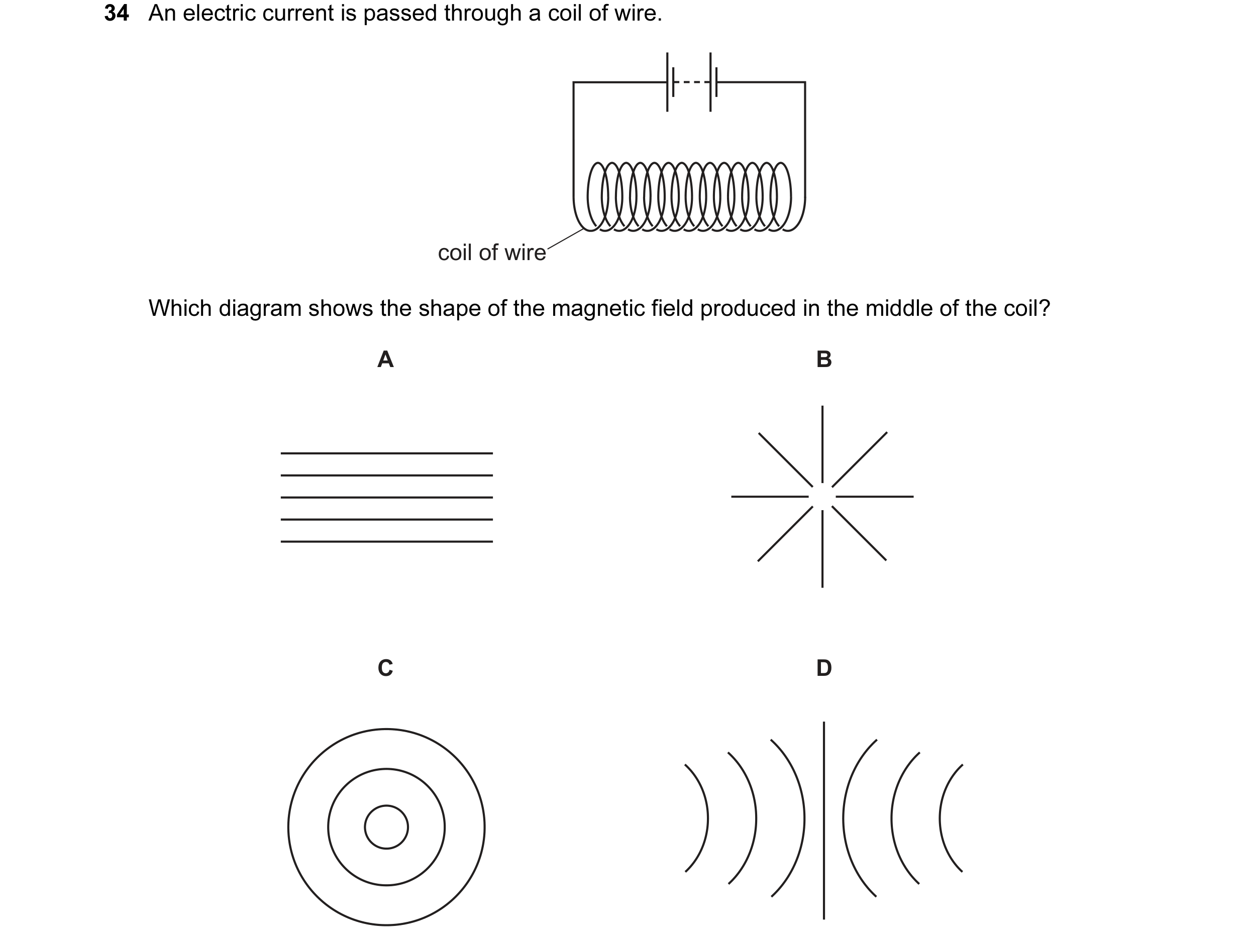 Question 65: An electric current is passed through a coil of wire. coil of wire Which diagram shows the shape of the magnetic field produced in the midd…