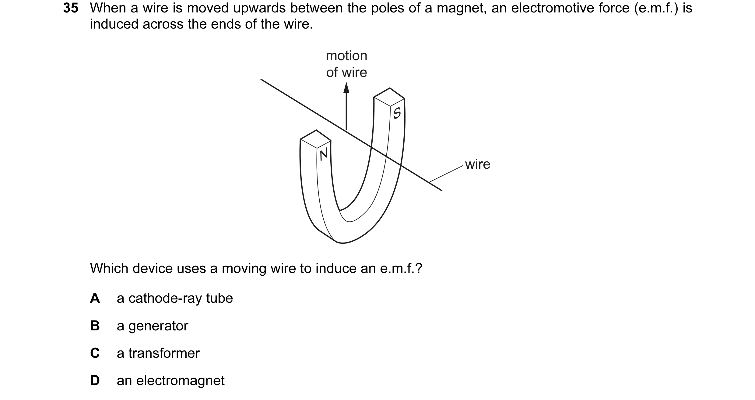 Question 90: When a wire is moved upwards between the poles of a magnet, an electromotive force (e.m.f.) is induced across the ends of the wire. motion …