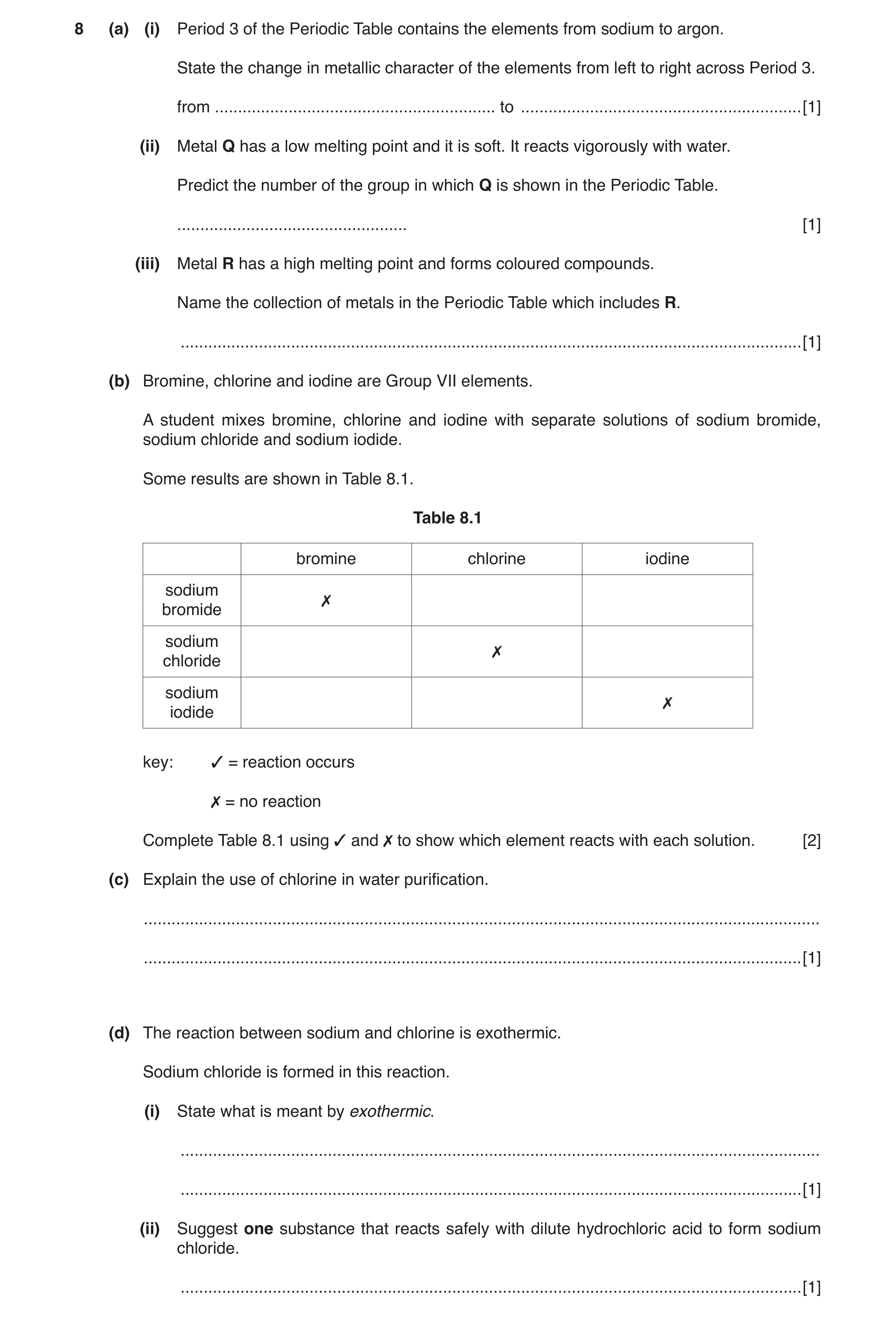 Question 3: (a) (i) Period 3 of the Periodic Table contains the elements from sodium to argon. State the change in metallic character of the elements f…
