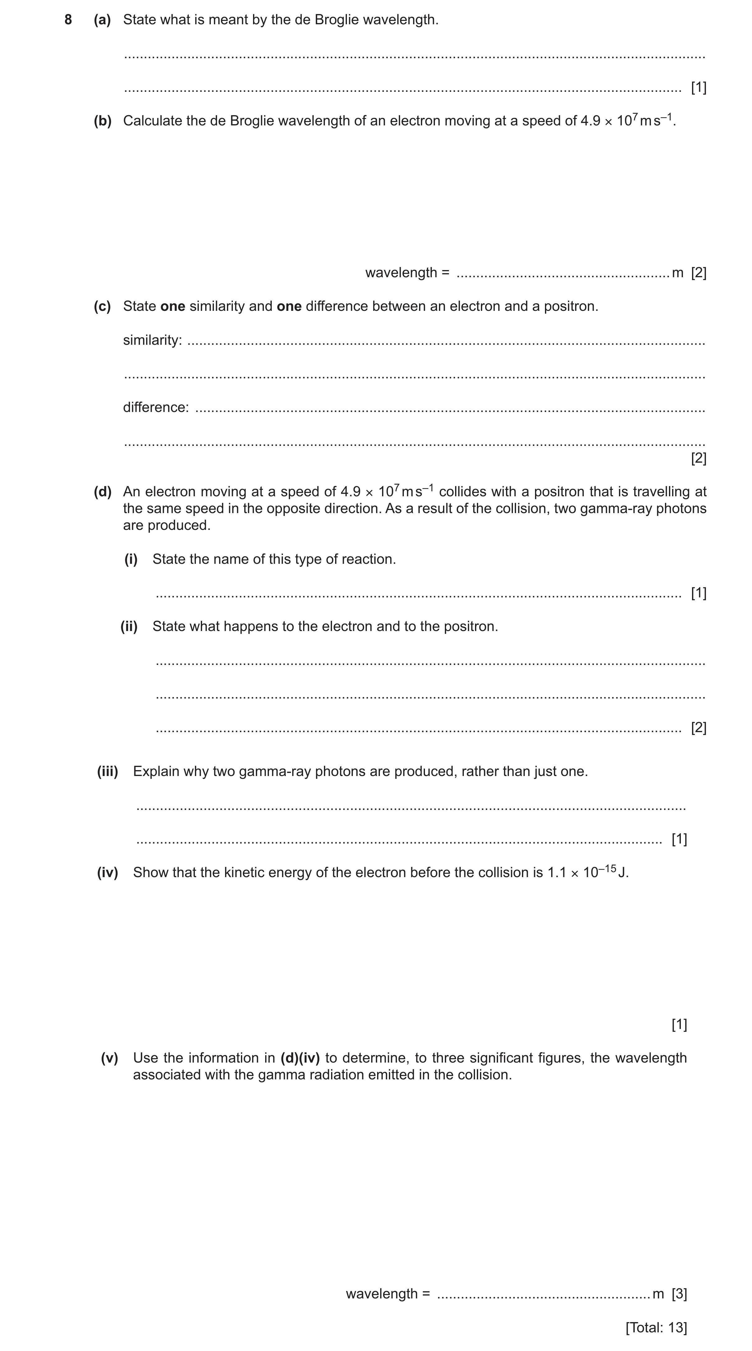 Question 14: (a) State what is meant by the de Broglie wavelength. .....................................................................................…