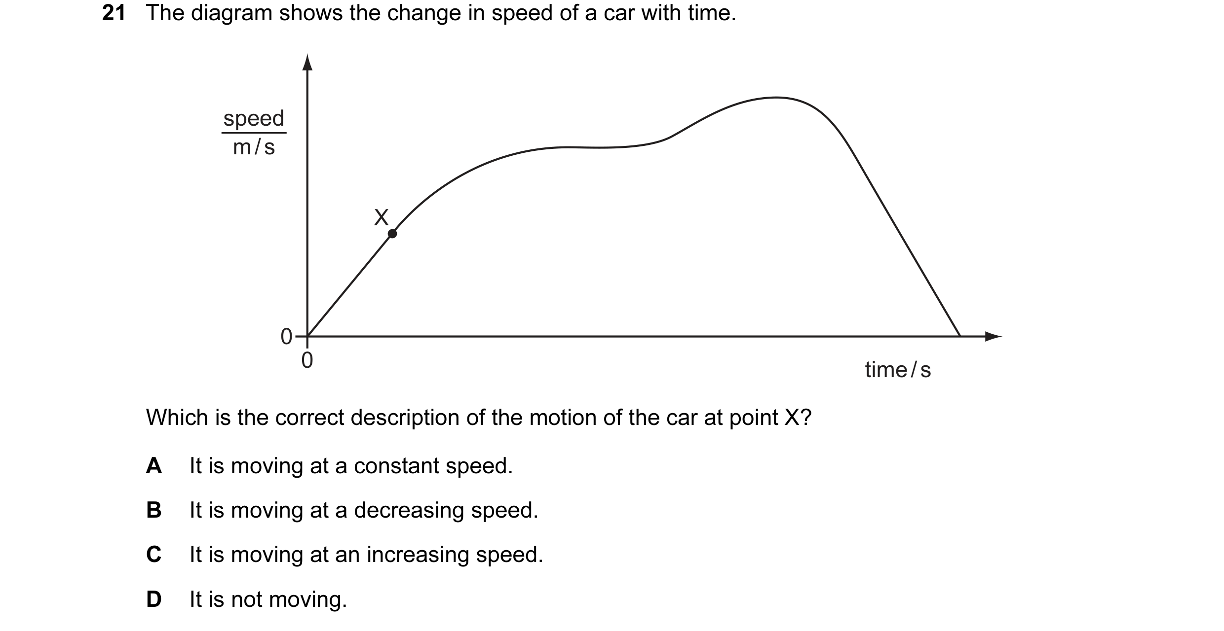 Question 9: The diagram shows the change in speed of a car with time. speed m / s X 0 0 time / s Which is the correct description of the motion of the …