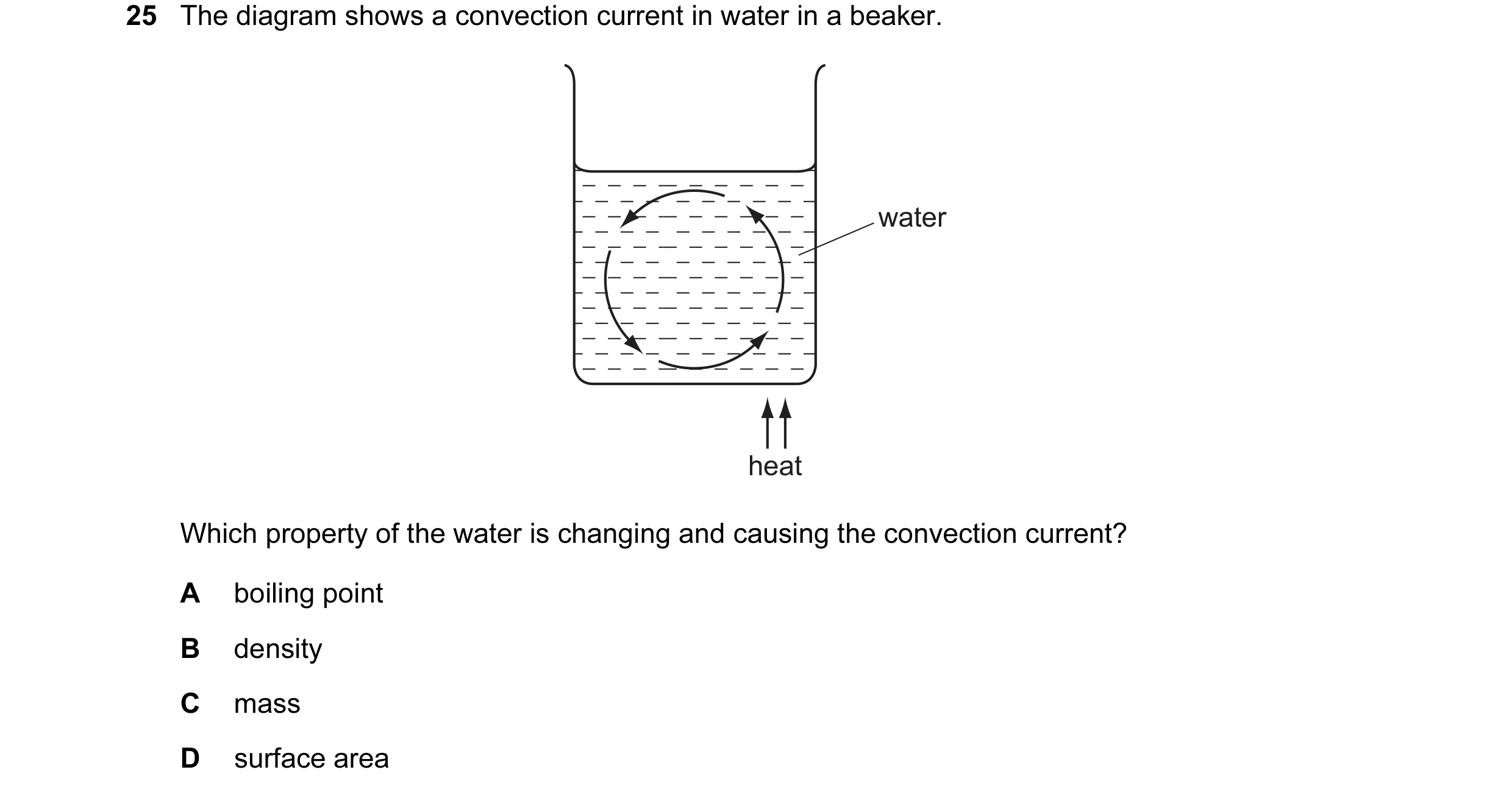 Question 8: The diagram shows a convection current in water in a beaker. water heat Which property of the water is changing and causing the convection …