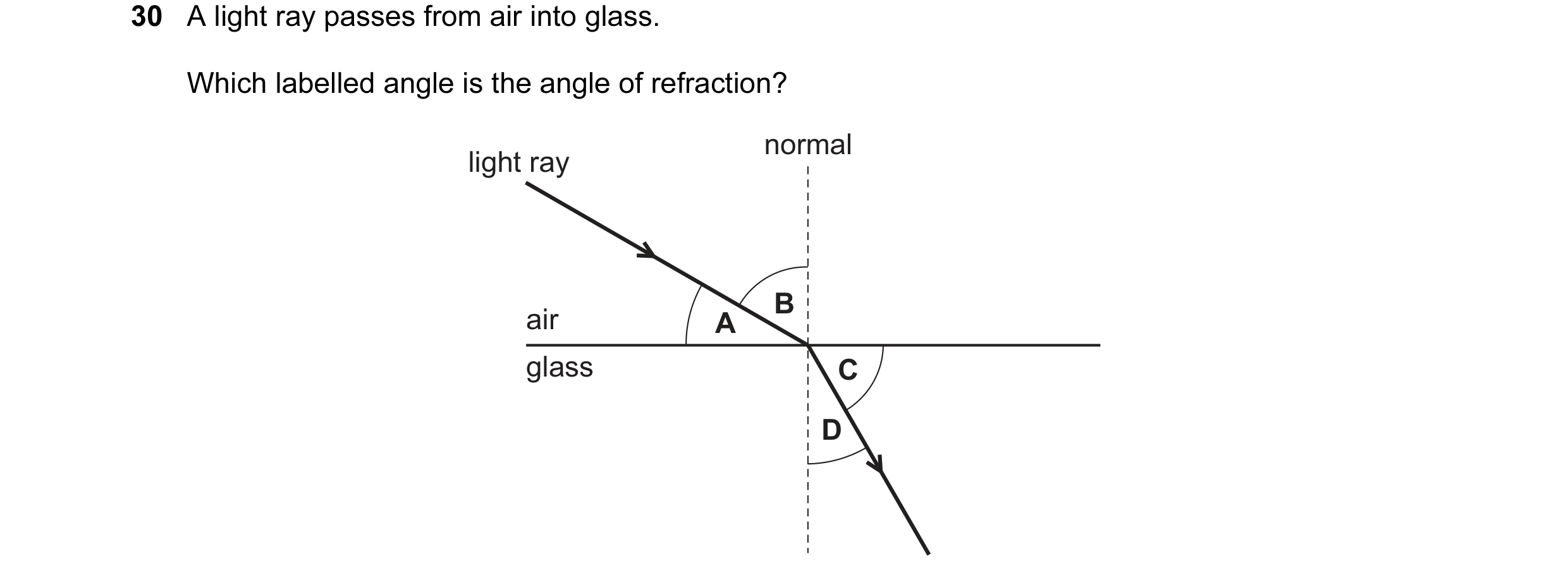 Question 11: A light ray passes from air into glass. Which labelled angle is the angle of refraction? normal light ray B air A glass C D