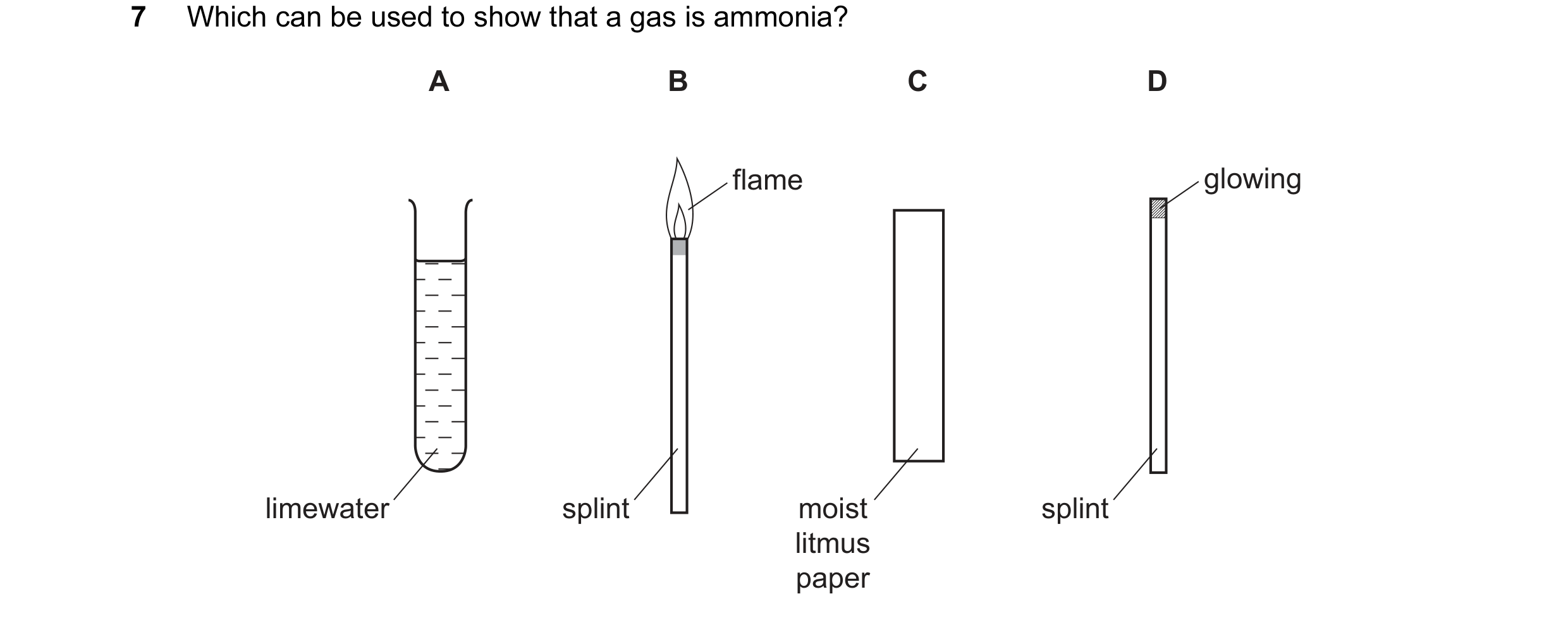 Question 8: Which can be used to show that a gas is ammonia? A B C D flame glowing limewater splint moist splint litmus paper