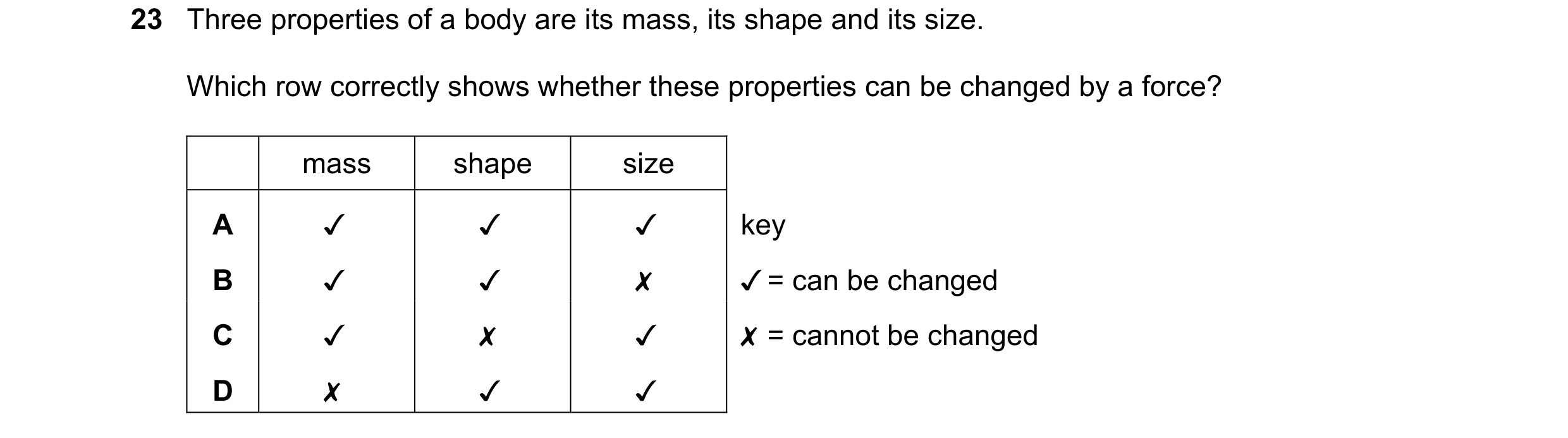 Question 9: Three properties of a body are its mass, its shape and its size.

Which row correctly shows whether these properties can be changed by a fo…