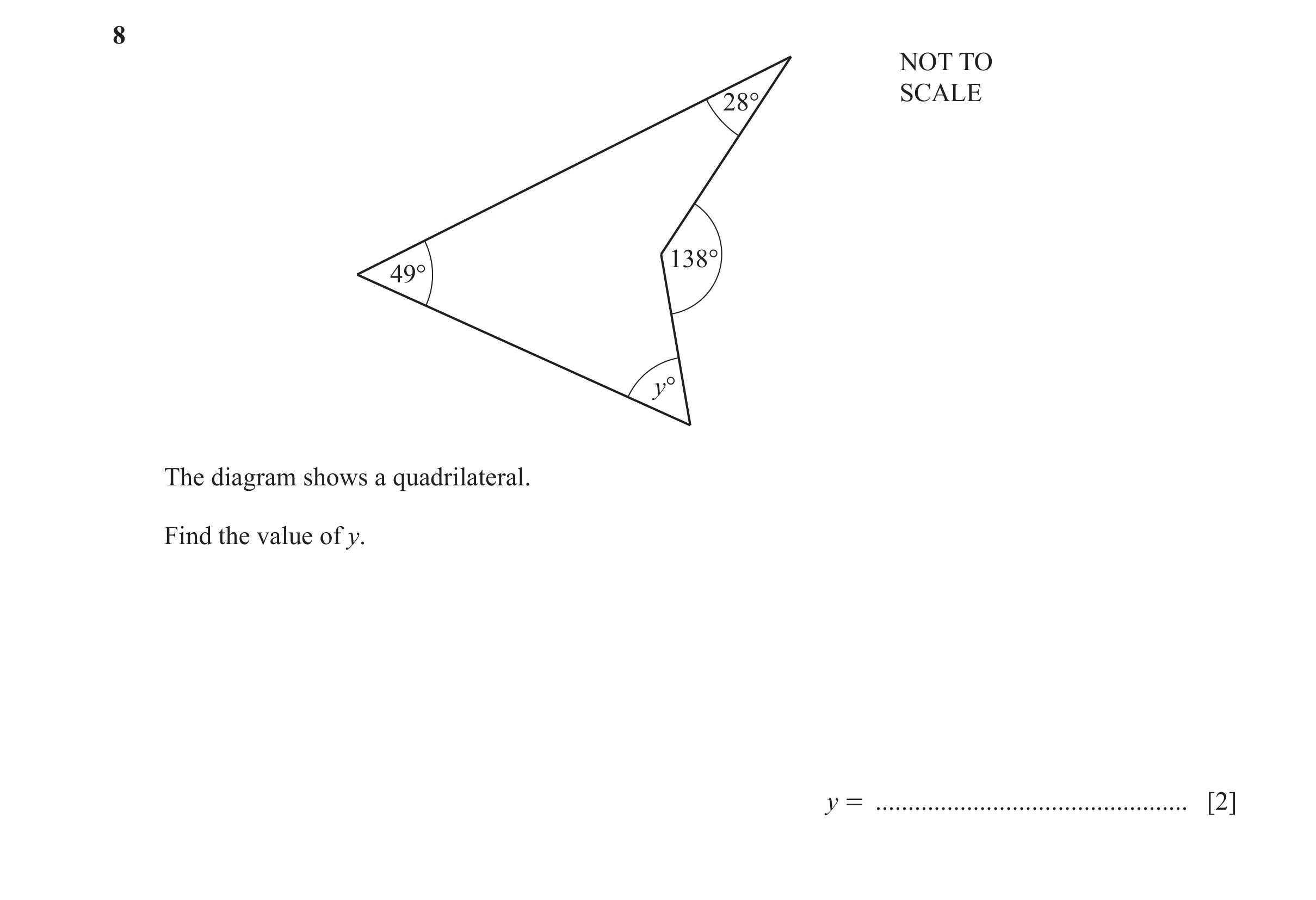 Question 124: NOT TO SCALE 28° 138° 49° y° The diagram shows a quadrilateral. Find the value of y. y = ................................................ […