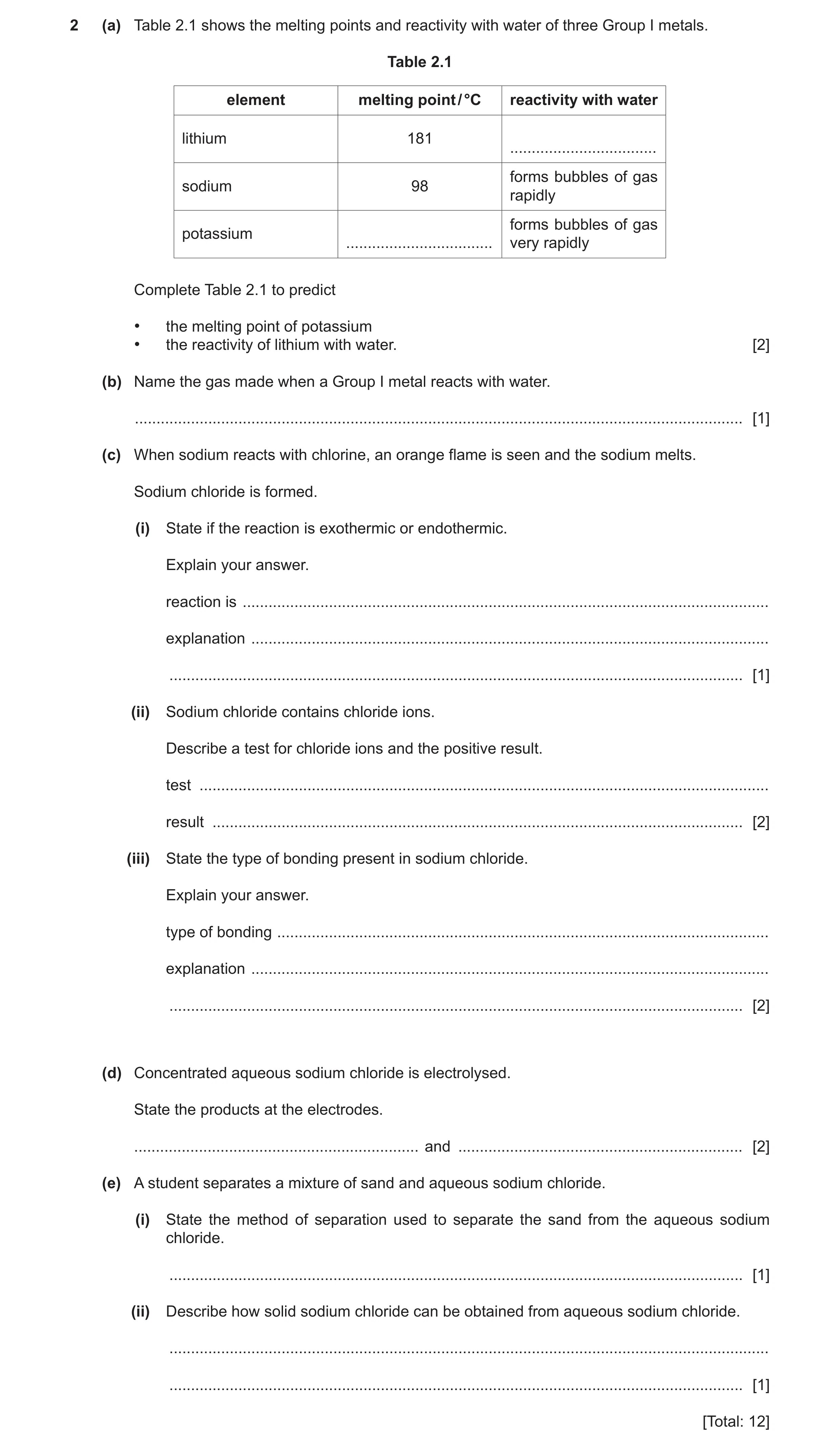 Question 18: (a) Table 2.1 shows the melting points and reactivity with water of three Group I metals. Table 2.1 element melting point / °C reactivity w…
