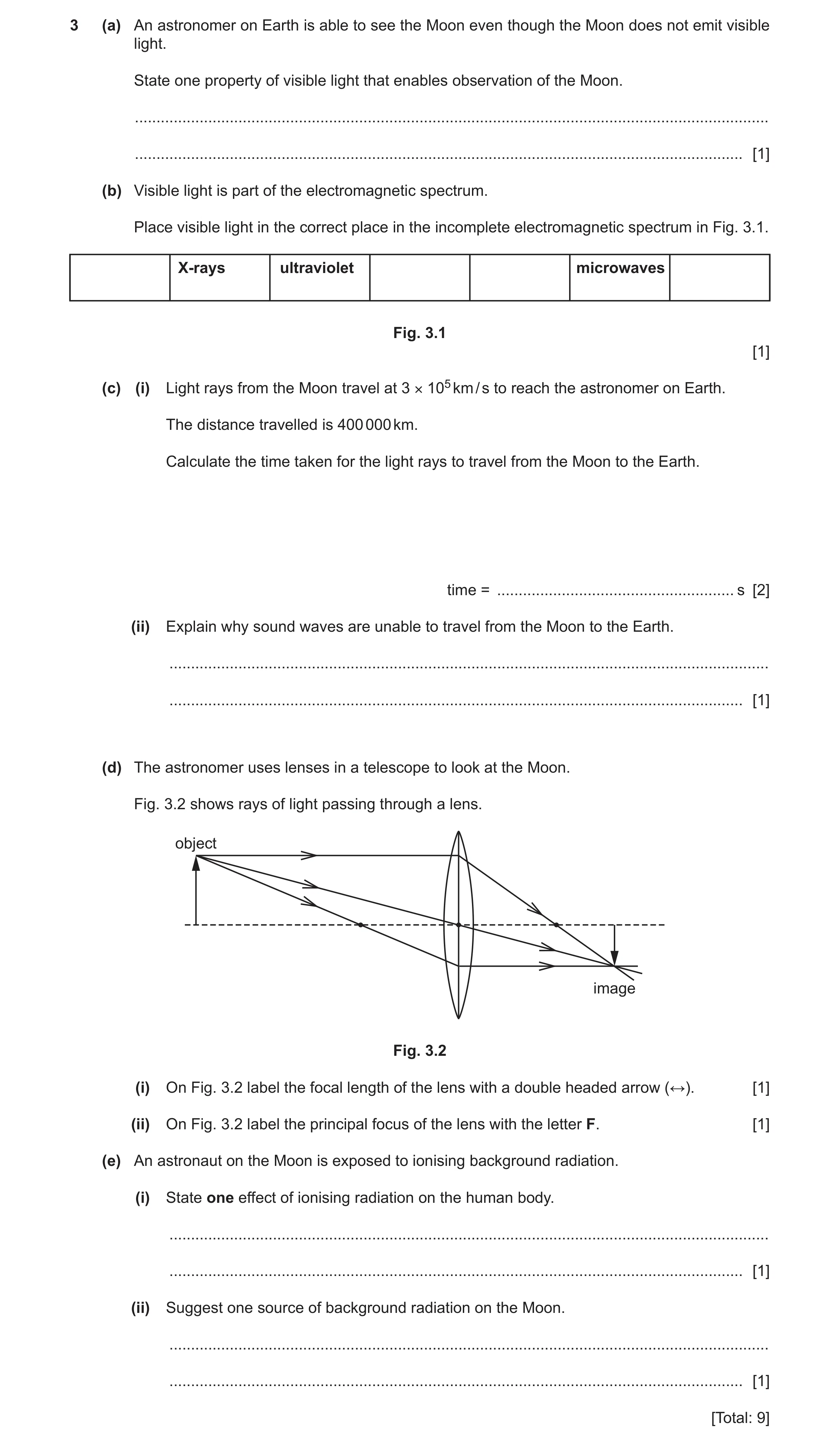 Question 23: (a) An astronomer on Earth is able to see the Moon even though the Moon does not emit visible light. State one property of visible light th…