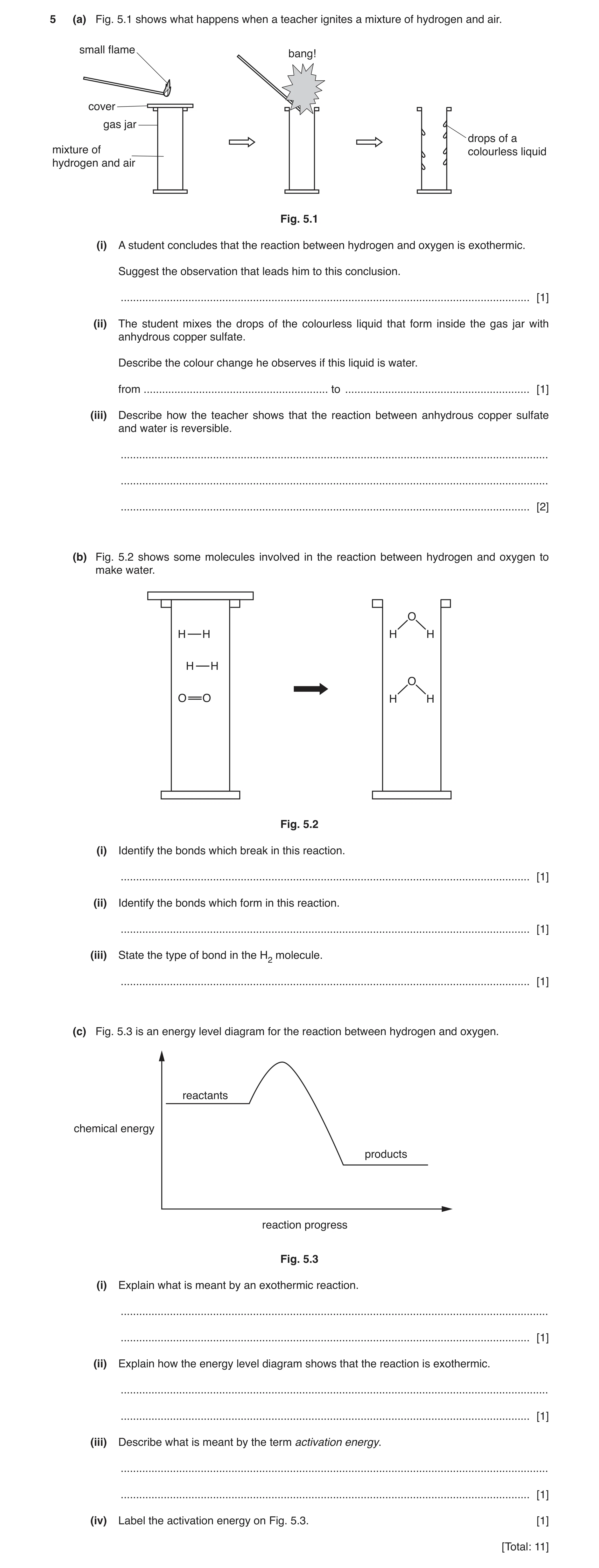 Question 6: (a) Fig. 5.1 shows what happens when a teacher ignites a mixture of hydrogen and air. small flame bang! cover gas jar drops of a mixture of…