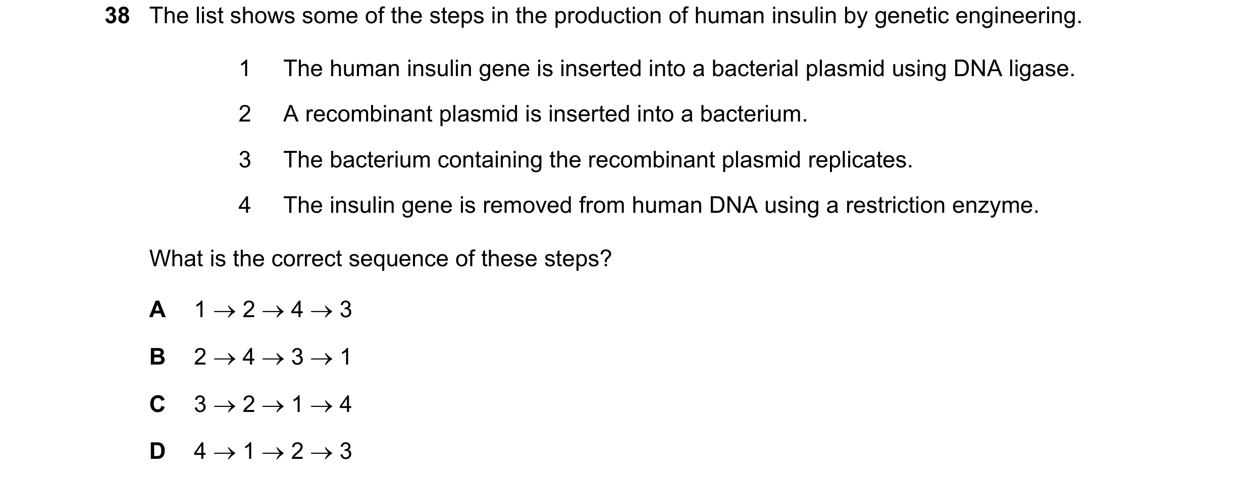 Question 14: The list shows some of the steps in the production of human insulin by genetic engineering. 1 The human insulin gene is inserted into a bac…