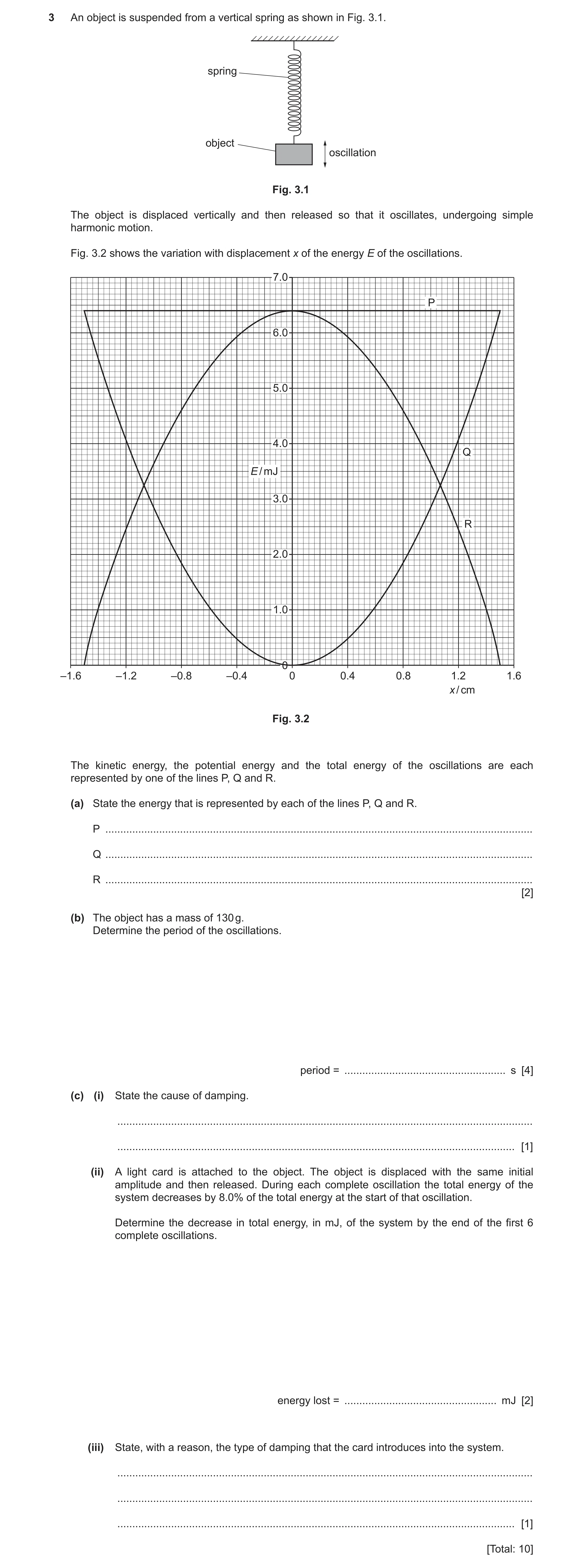 Question 42: An object is suspended from a vertical spring as shown in Fig. 3.1. spring object oscillation Fig. 3.1 The object is displaced vertically a…