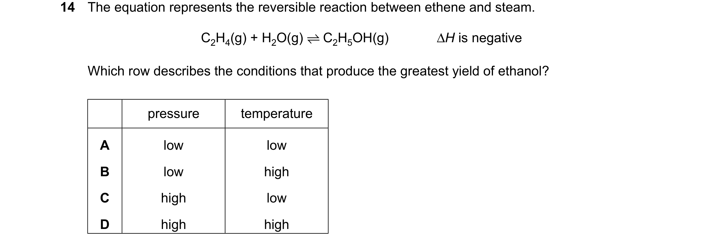 Question 31: The equation represents the reversible reaction between ethene and steam. C2H4(g) + H2O(g) ⇌ C2H5OH(g) ∆H is negative Which row describes t…