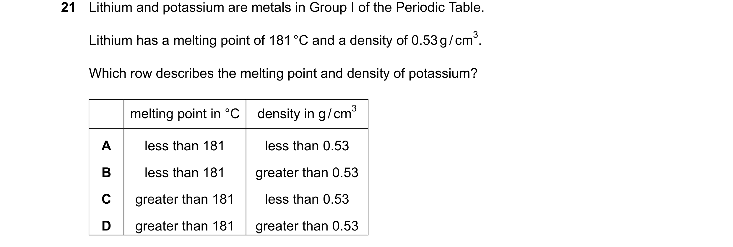 Question 11: Lithium and potassium are metals in Group I of the Periodic Table. Lithium has a melting point of 181°C and a density of 0.53g/cm3. Which r…