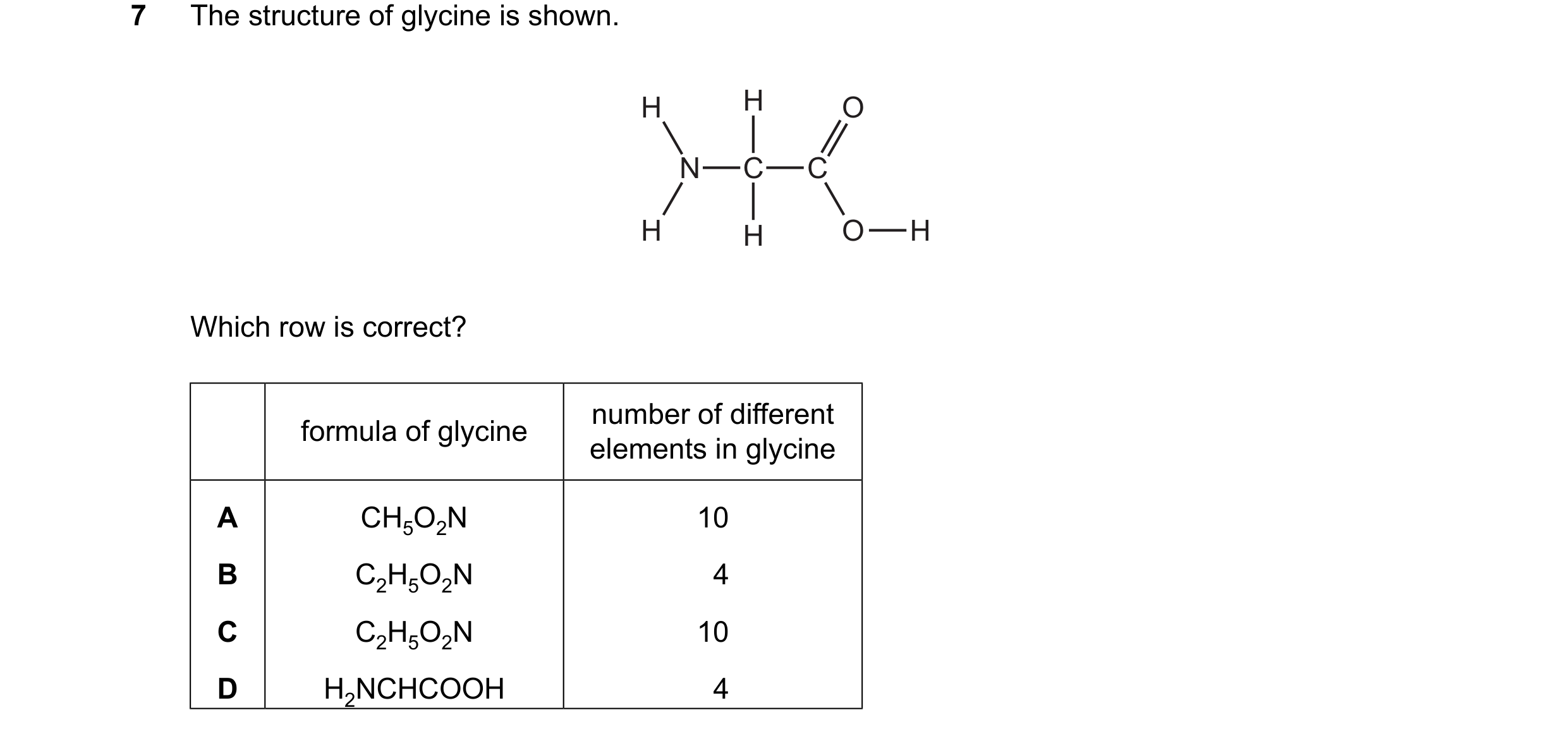 Question 12: The structure of glycine is shown. H H O N C C H H O H Which row is correct? number of different formula of glycine elements in glycine A C…
