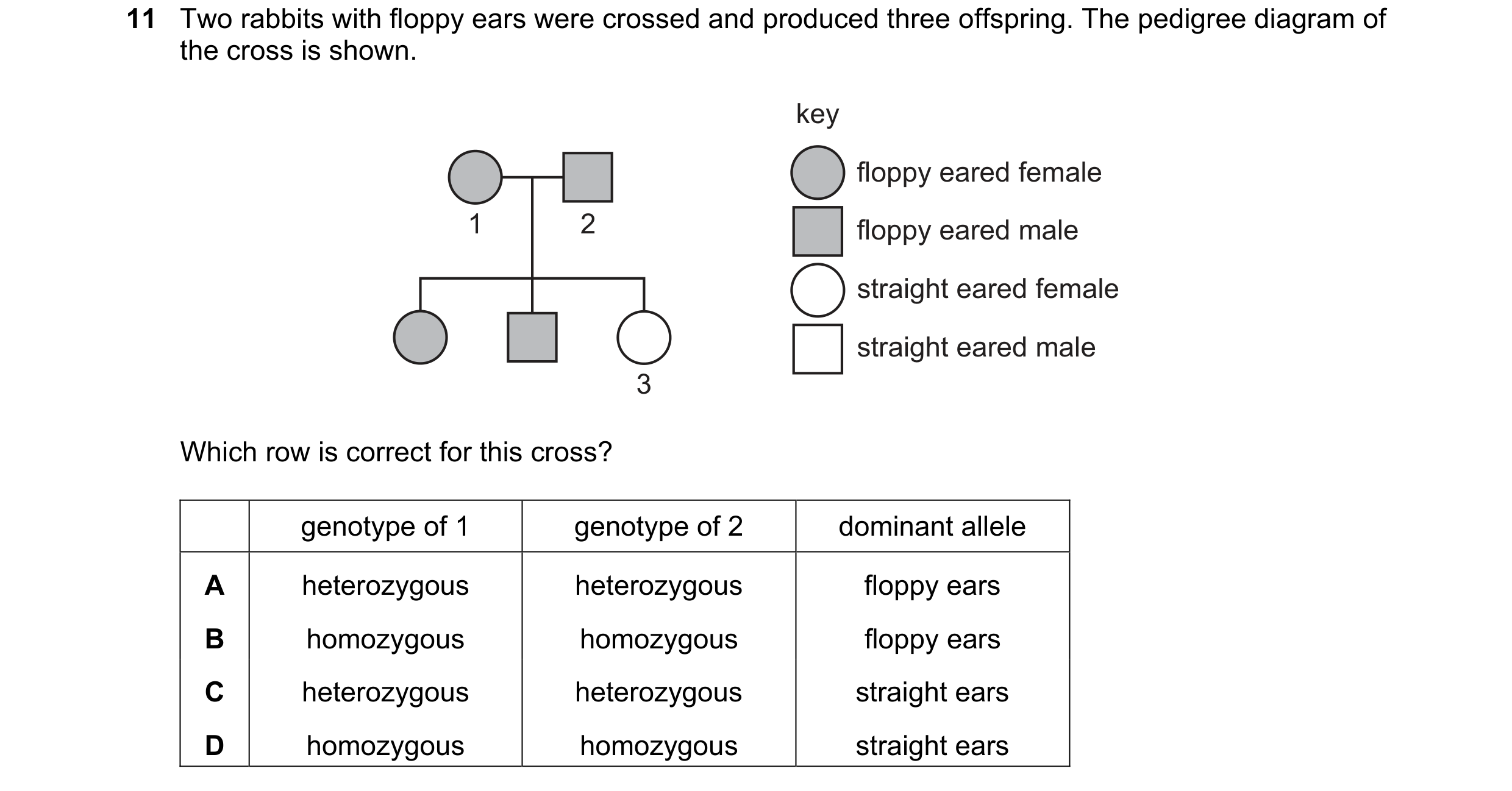 Question 9: Two rabbits with floppy ears were crossed and produced three offspring. The pedigree diagram of the cross is shown. key floppy eared female…