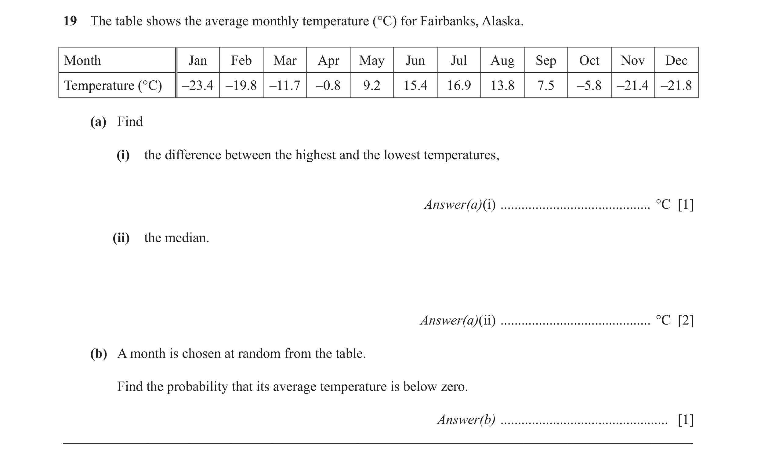 Question 13: The table shows the average monthly temperature (°C) for Fairbanks, Alaska. Month Jan Feb Mar Apr May Jun Jul Aug Sep Oct Nov Dec Temperatu…