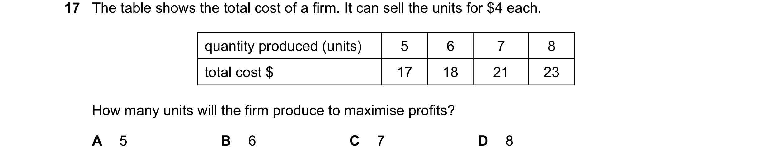 Question 32: The table shows the total cost of a firm. It can sell the units for $4 each. quantity produced (units) 5 6 7 8 total cost $ 17 18 21 23 How…