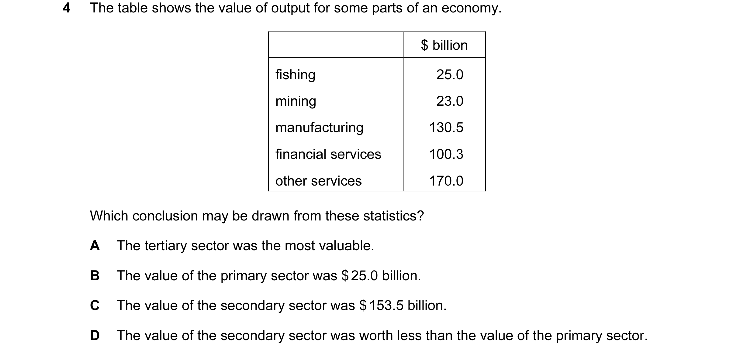 Question 4: The table shows the value of output for some parts of an economy. $ billion fishing 25.0 mining 23.0 manufacturing 130.5 financial services…