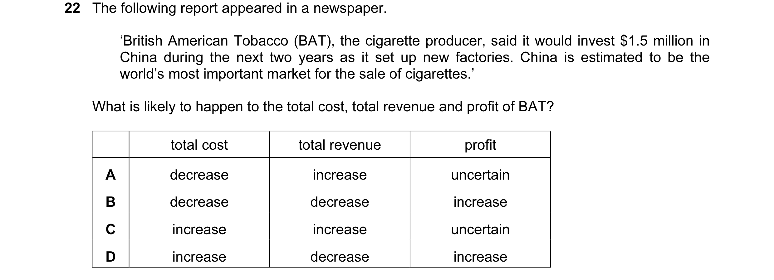 Question 26: The following report appeared in a newspaper. ‘British American Tobacco (BAT), the cigarette producer, said it would invest $1.5 million in…
