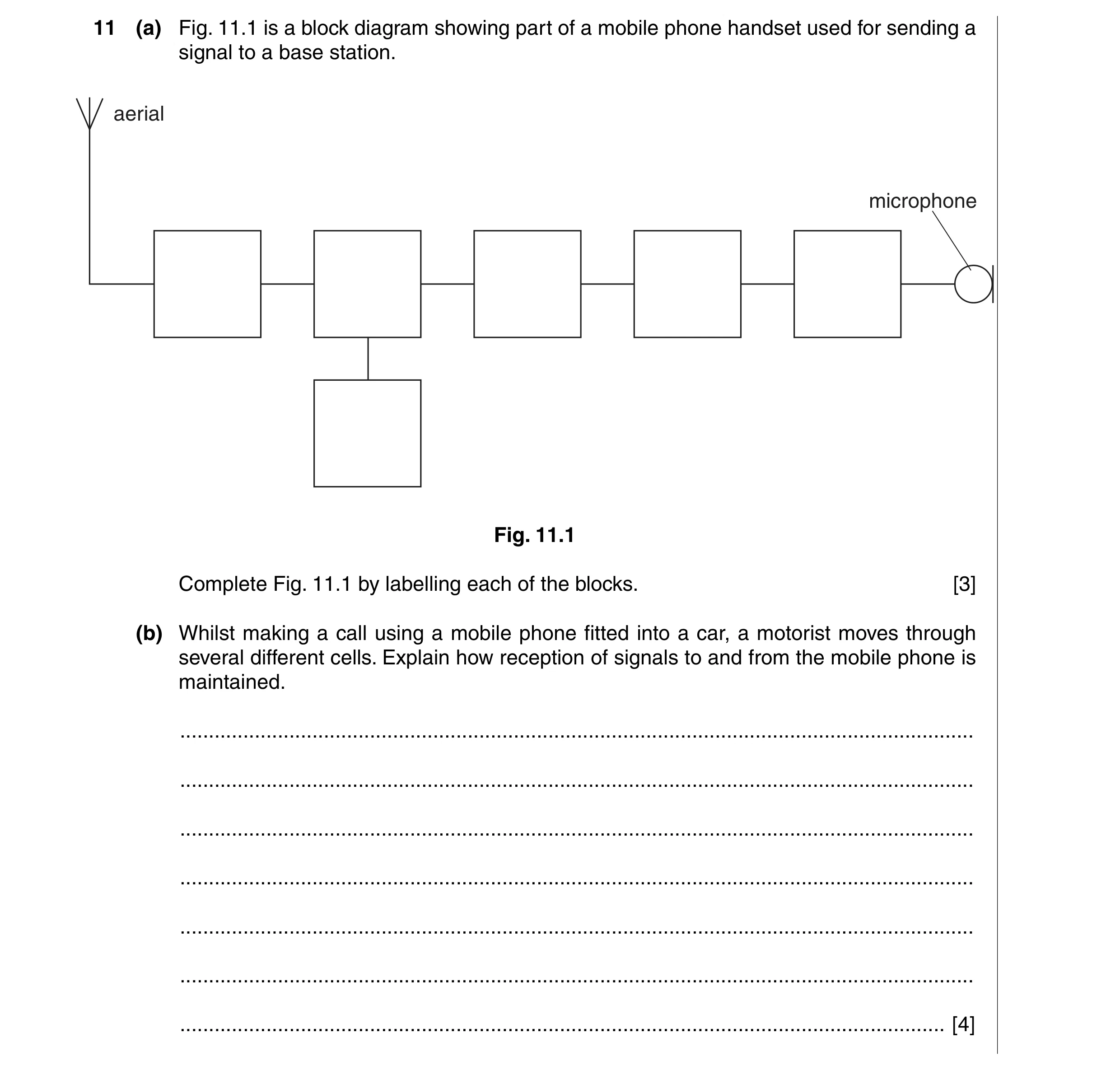 Question 2: (a) Fig. 11.1 is a block diagram showing part of a mobile phone handset used for sending a signal to a base station. aerial microphone Fig.…