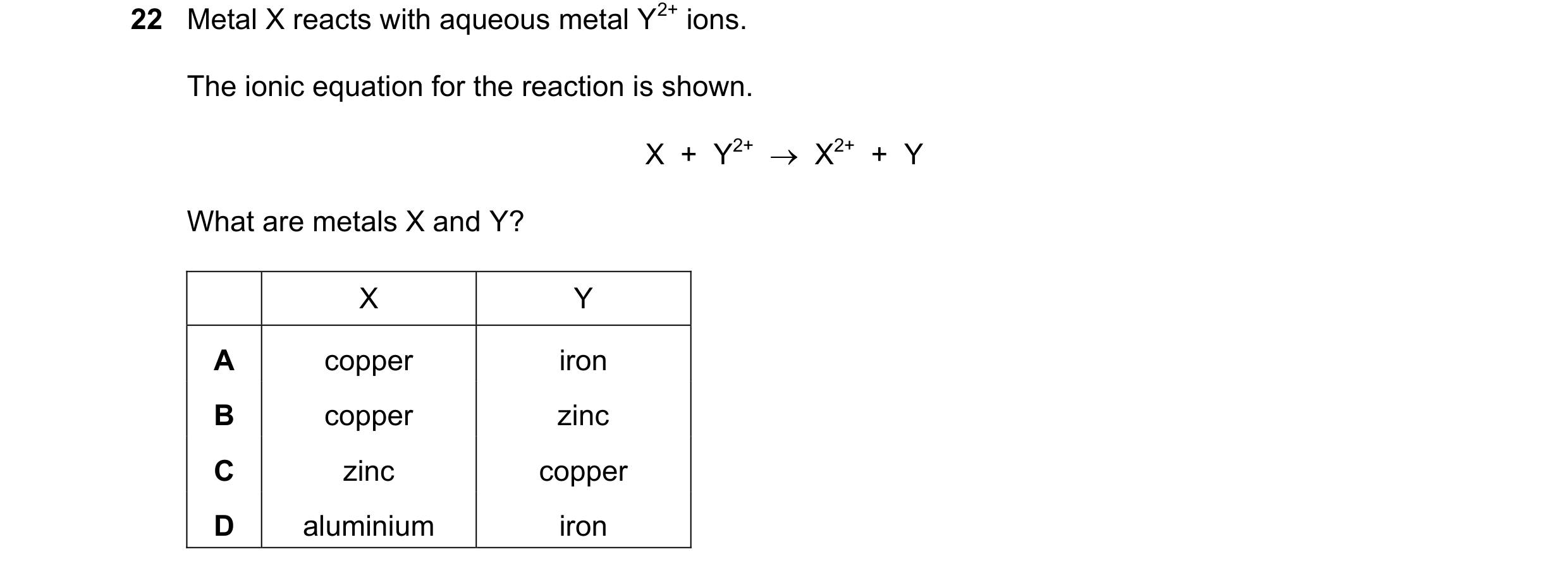 Question 13: Metal X reacts with aqueous metal Y2+ ions. The ionic equation for the reaction is shown. X + Y2+ X2+ + Y What are metals X and Y? …
