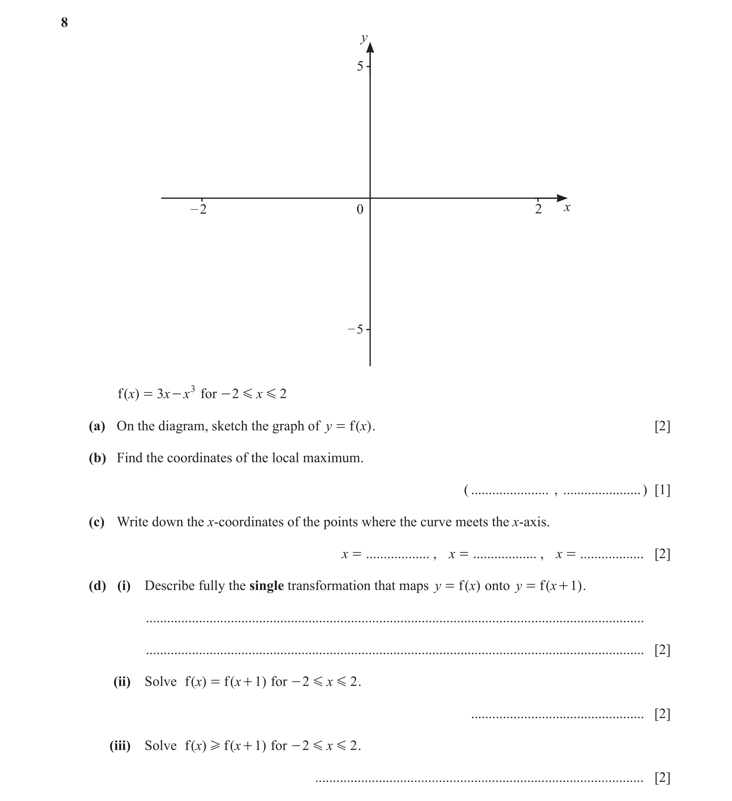 Question 46: y 5 – 2 0 2 x – 5 f ( x) = 3 x - x 3 for - 2 G x G 2 (a) On the diagram, sketch the graph of y = f ( x) . [2] (b) Find the coordinates of t…