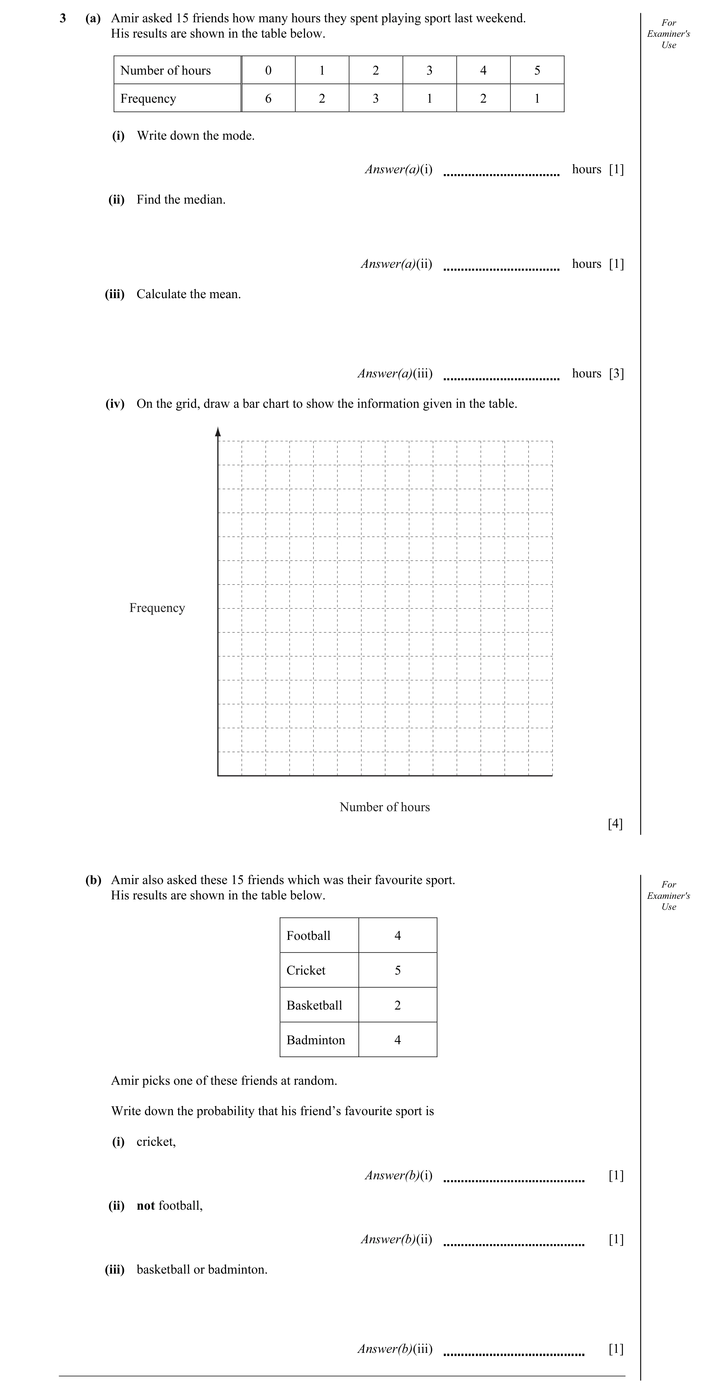 Question 18: (a) Amir asked 15 friends how many hours they spent playing sport last weekend. For His results are shown in the table below. Examiner's Us…