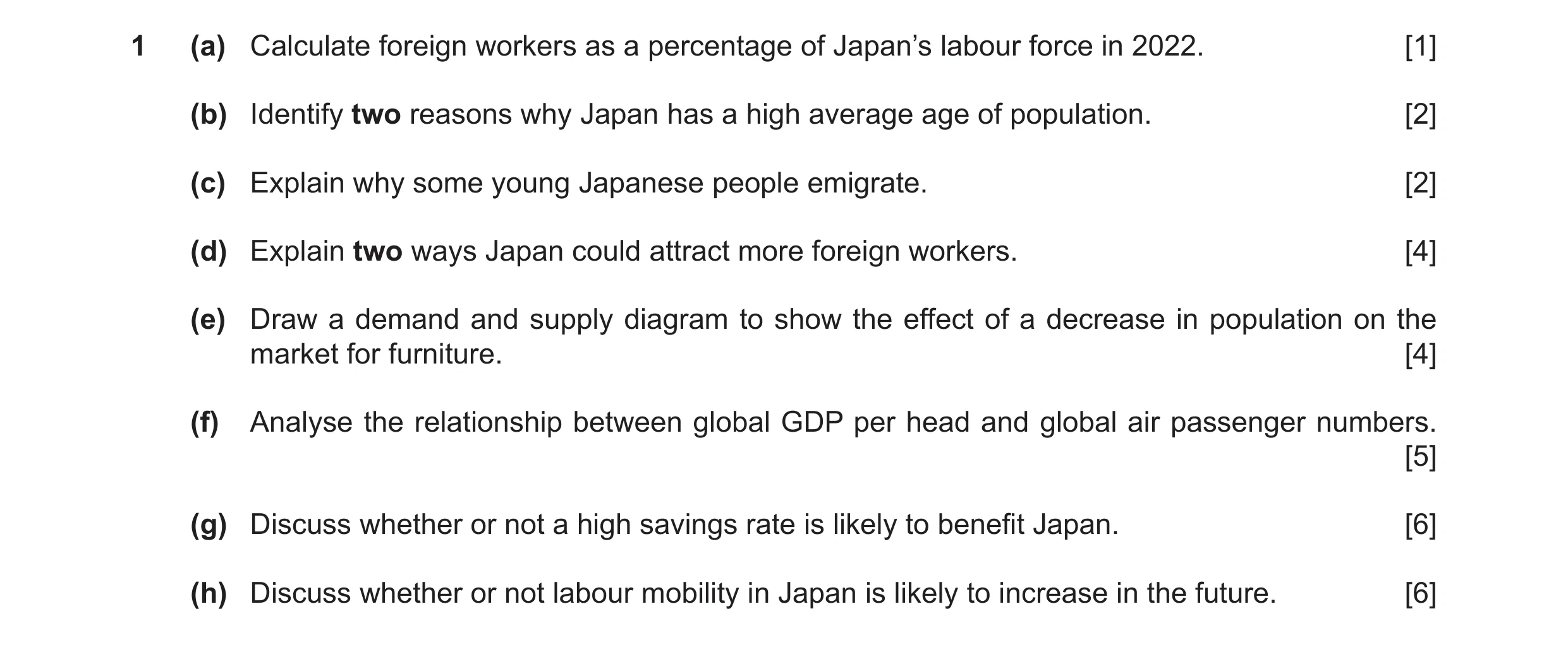Question 86: (a) Calculate foreign workers as a percentage of Japan’s labour force in 2022. [1] (b) Identify two reasons why Japan has a high average ag…