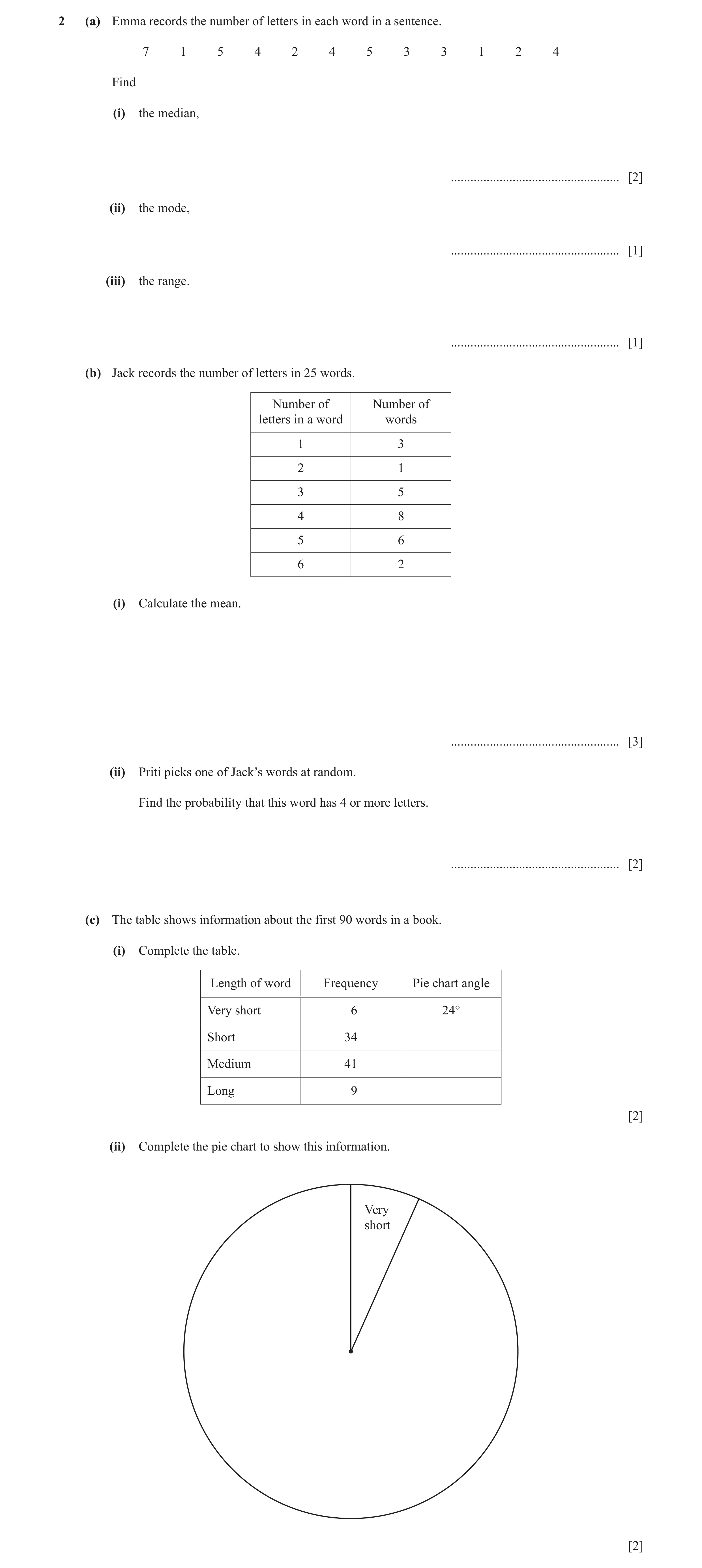 Question 50: (a) Emma records the number of letters in each word in a sentence. 7 1 5 4 2 4 5 3 3 1 2 4 Find (i) the median, ...........................…