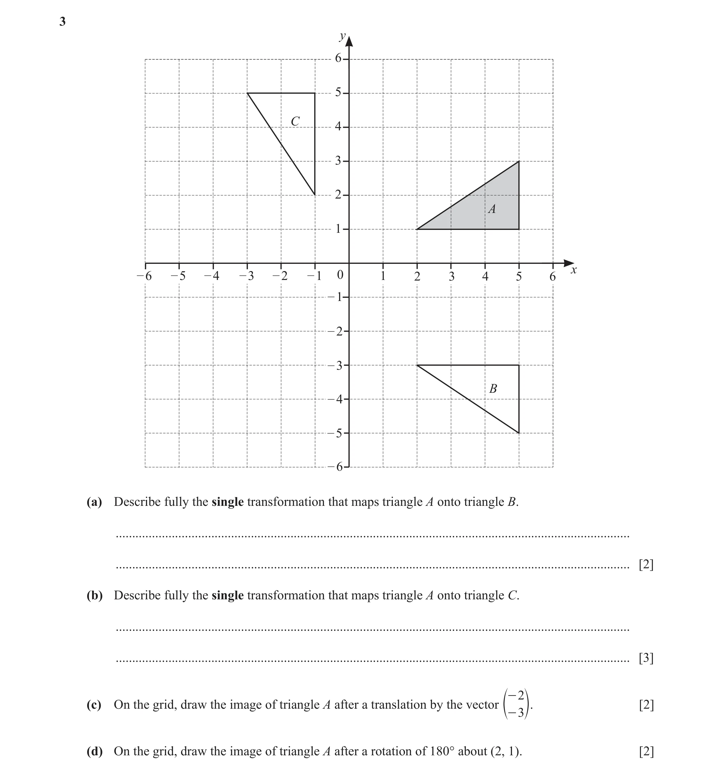 Question 58: y 6 5 C 4 3 2 A 1 x – 6 – 5 – 4 – 3 – 2 – 1 0 1 2 3 4 5 6 – 1 – 2 – 3 B – 4 – 5 – 6 (a) Describe fully the single transformation that maps …