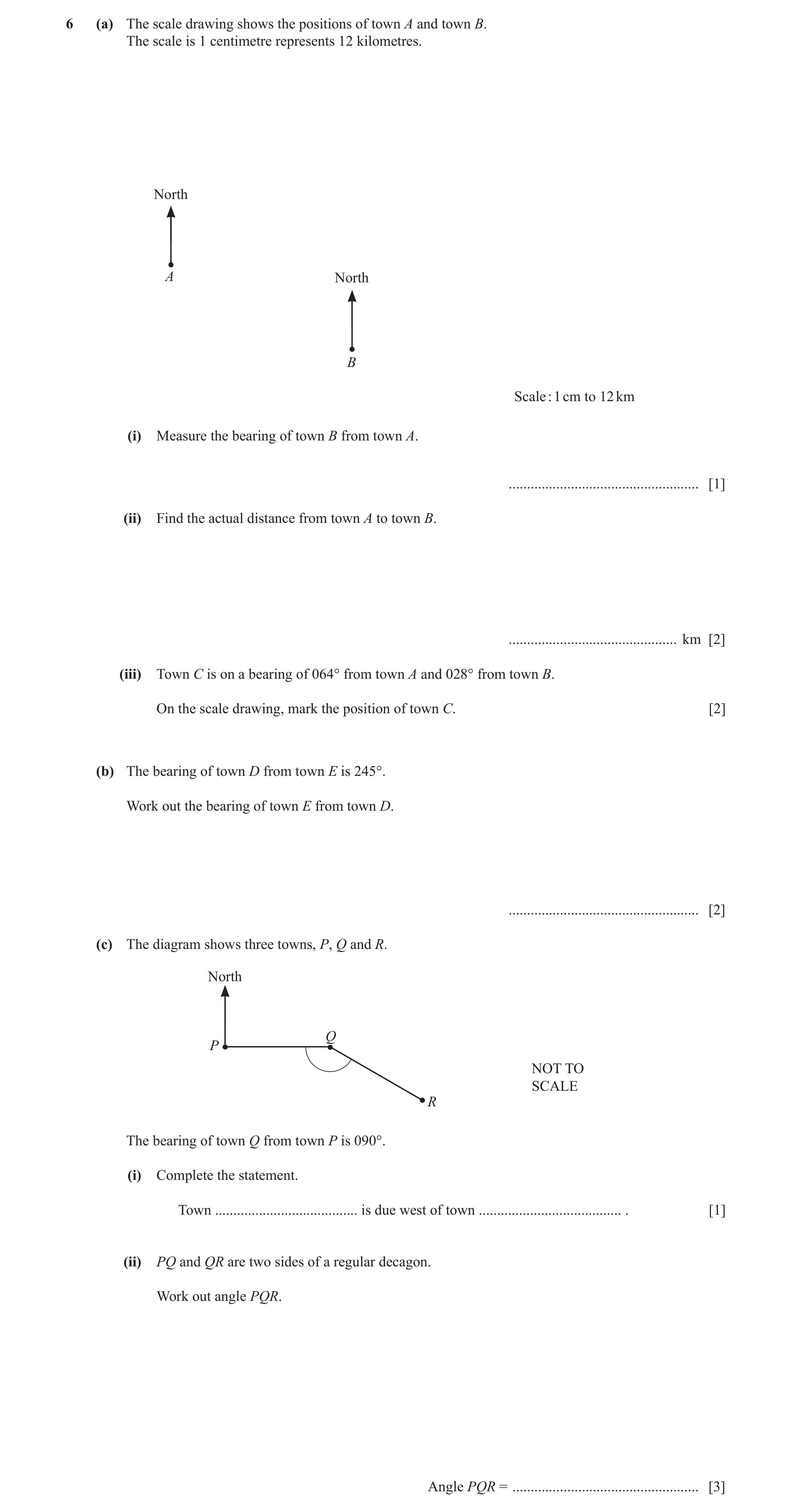 Question 61: (a) The scale drawing shows the positions of town A and town B. The scale is 1 centimetre represents 12 kilometres. North A North B Scale :…