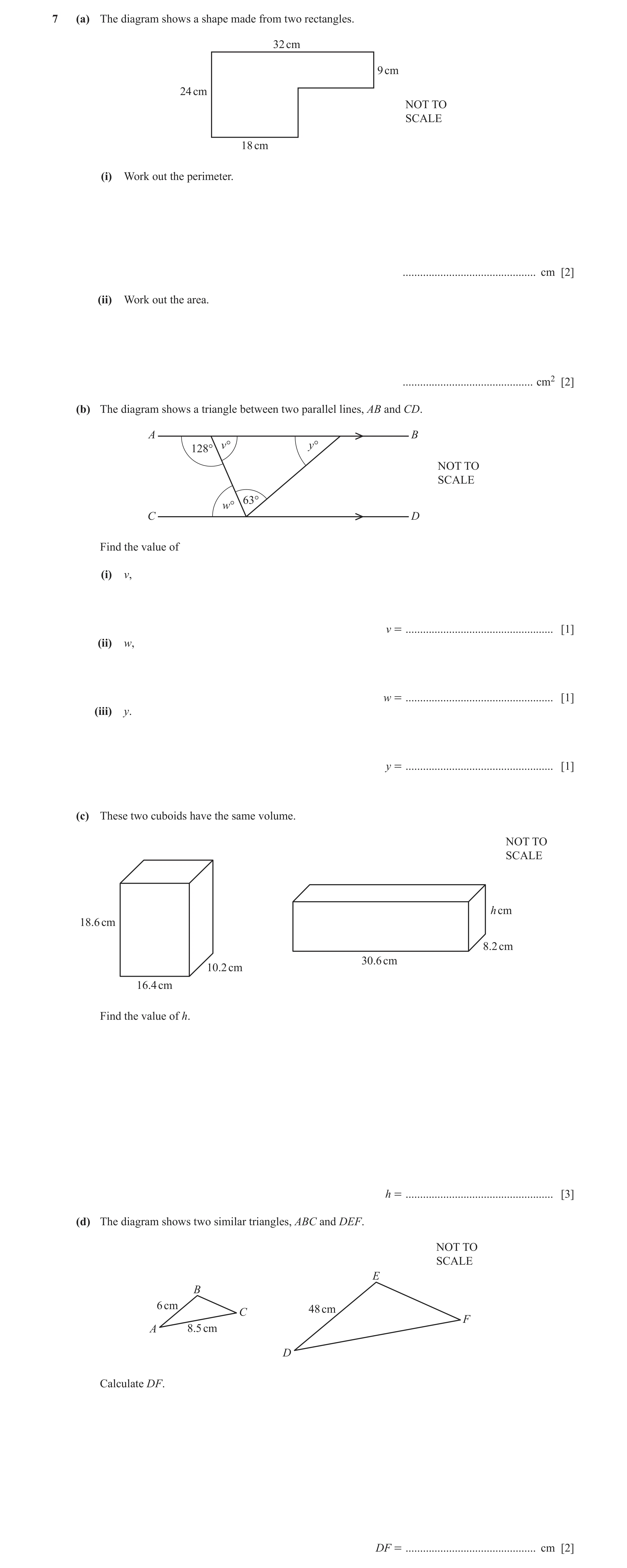 Question 62: (a) The diagram shows a shape made from two rectangles. 32 cm 9 cm 24 cm NOT TO SCALE 18 cm (i) Work out the perimeter. ...................…