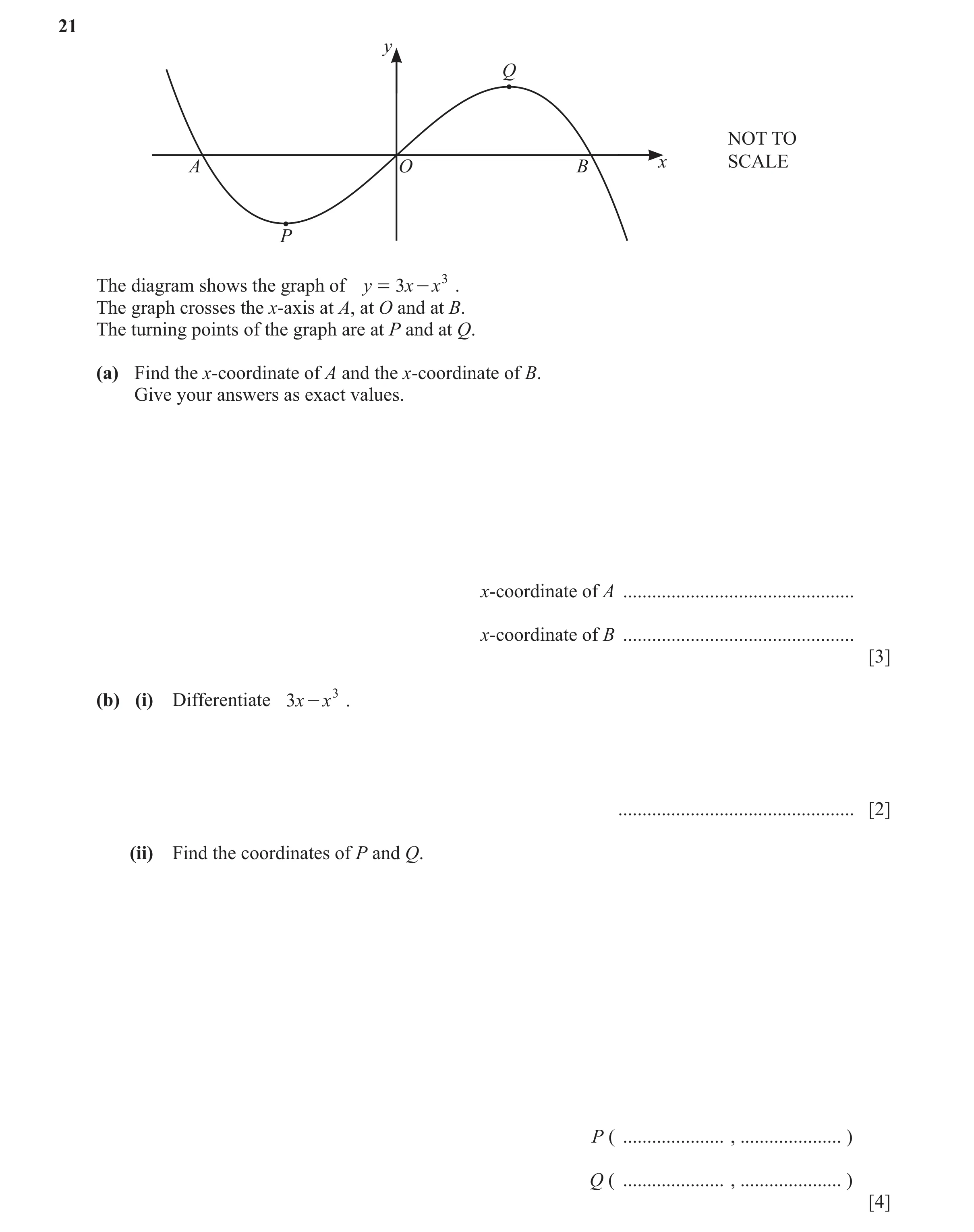 Question 32: y Q NOT TO A O B x SCALE P The diagram shows the graph of y = 3 x - x 3 . The graph crosses the x-axis at A, at O and at B. The turning poi…