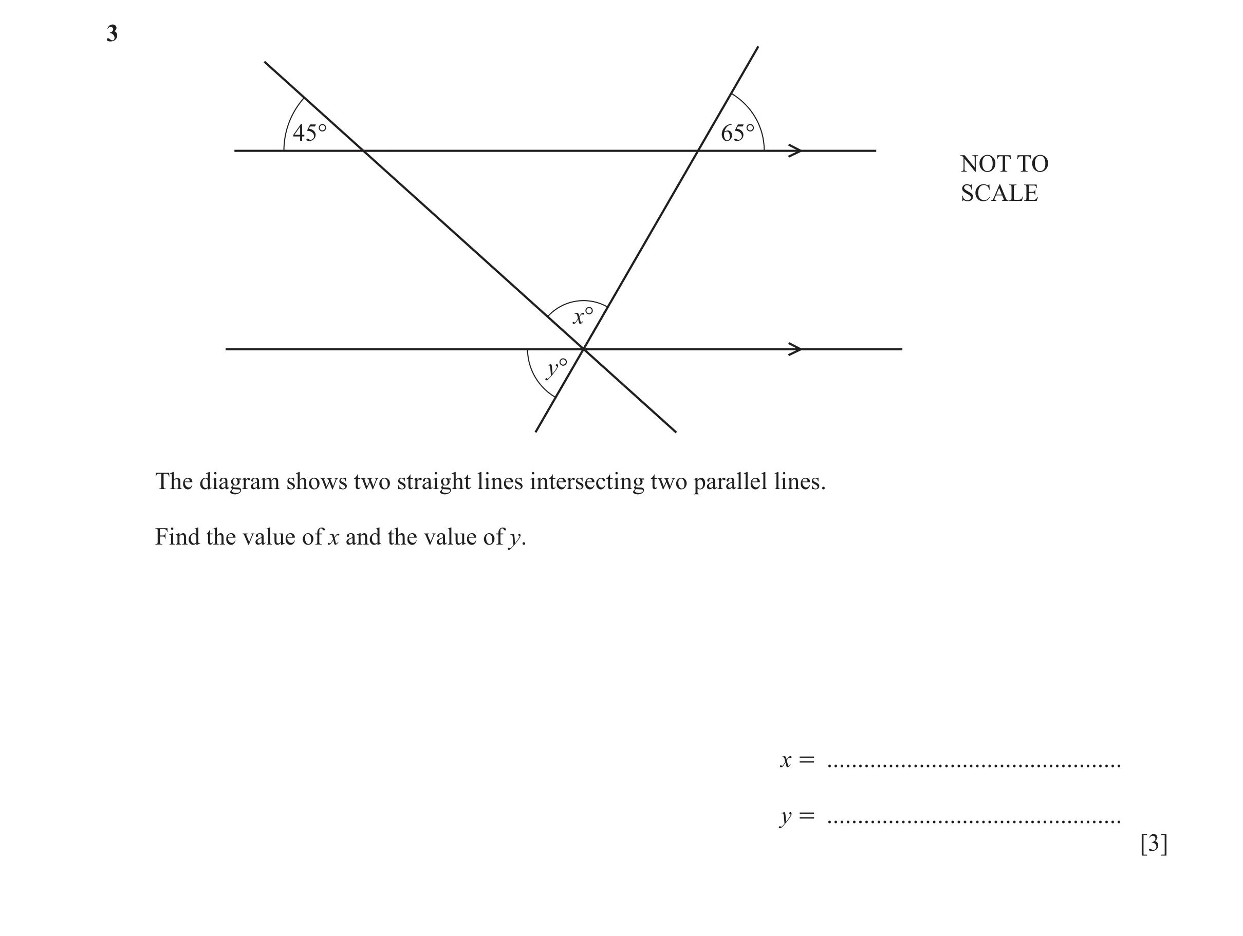 Question 73: 45° 65° NOT TO SCALE x° y° The diagram shows two straight lines intersecting two parallel lines. Find the value of x and the value of y. x …