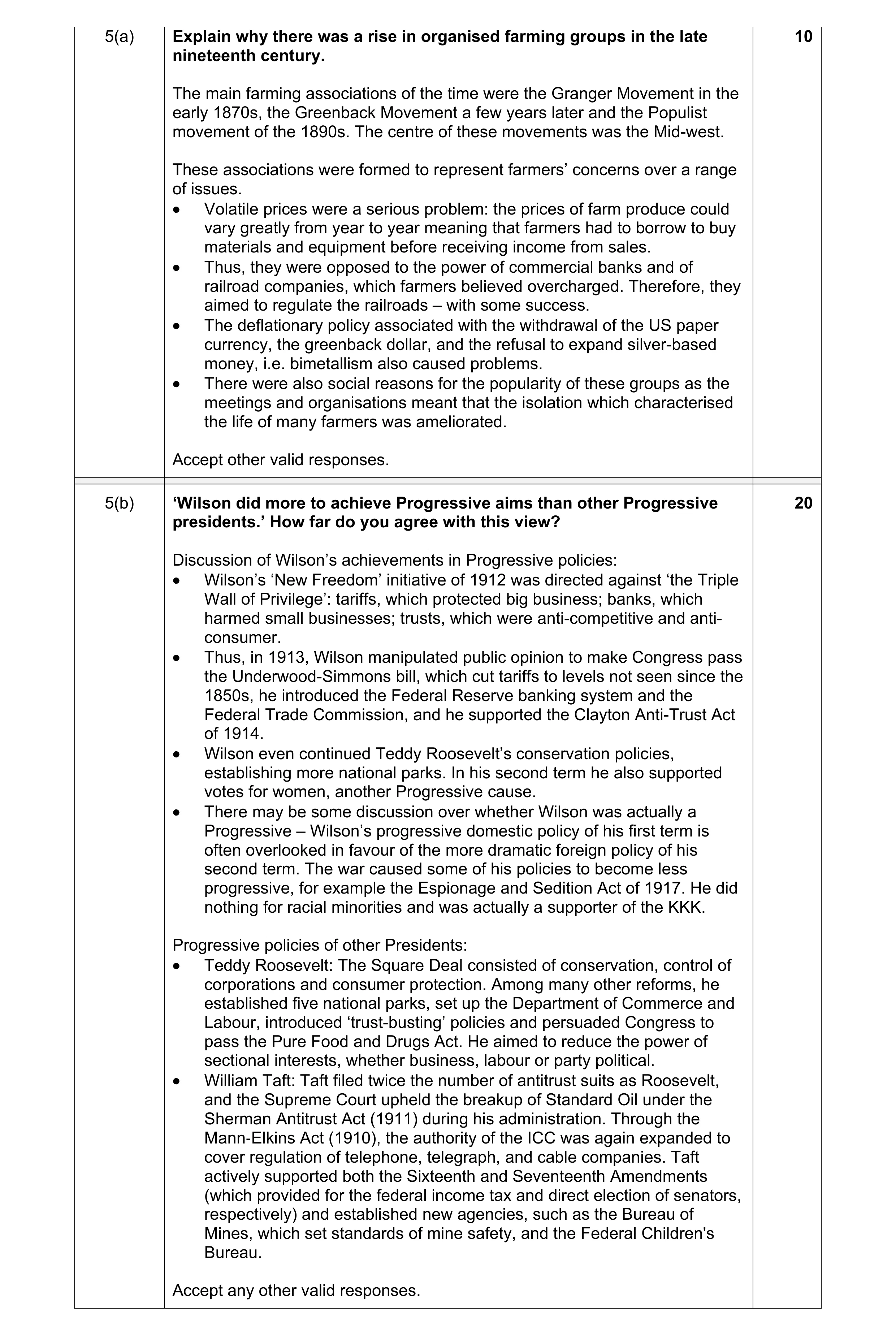 Mark scheme for question 10