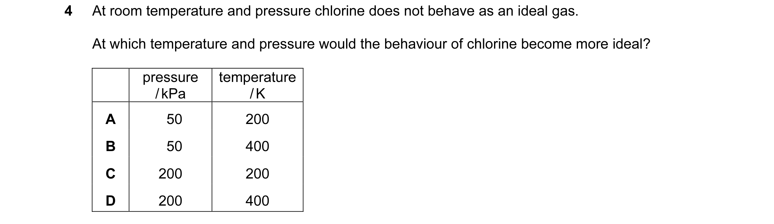 Question 20: At room temperature and pressure chlorine does not behave as an ideal gas. At which temperature and pressure would the behaviour of chlorin…