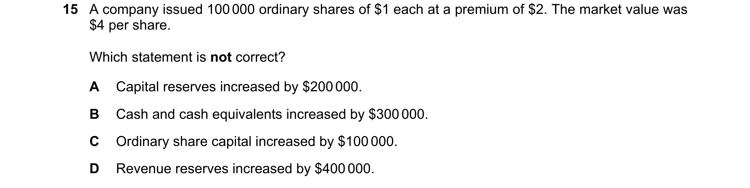 Question 100: A company issued 100 000 ordinary shares of $1 each at a premium of $2. The market value was $4 per share. Which statement is not correct? …
