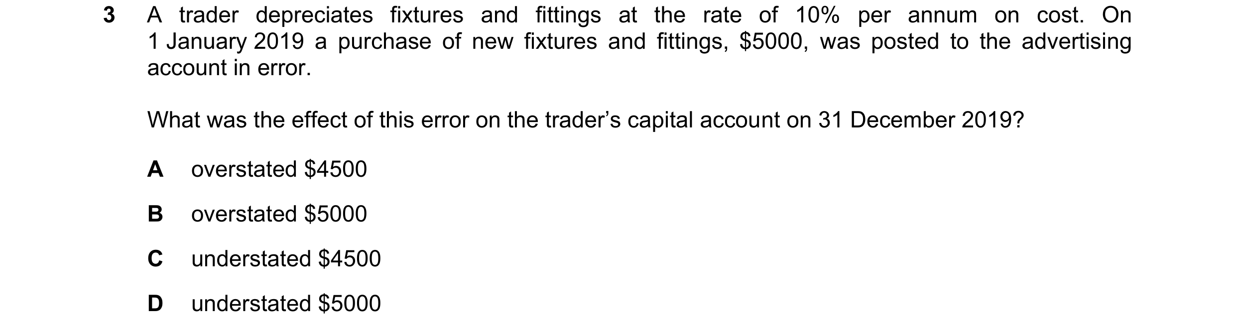 Question 196: A trader depreciates fixtures and fittings at the rate of 10% per annum on cost. On 1 January 2019 a purchase of new fixtures and fittings,…